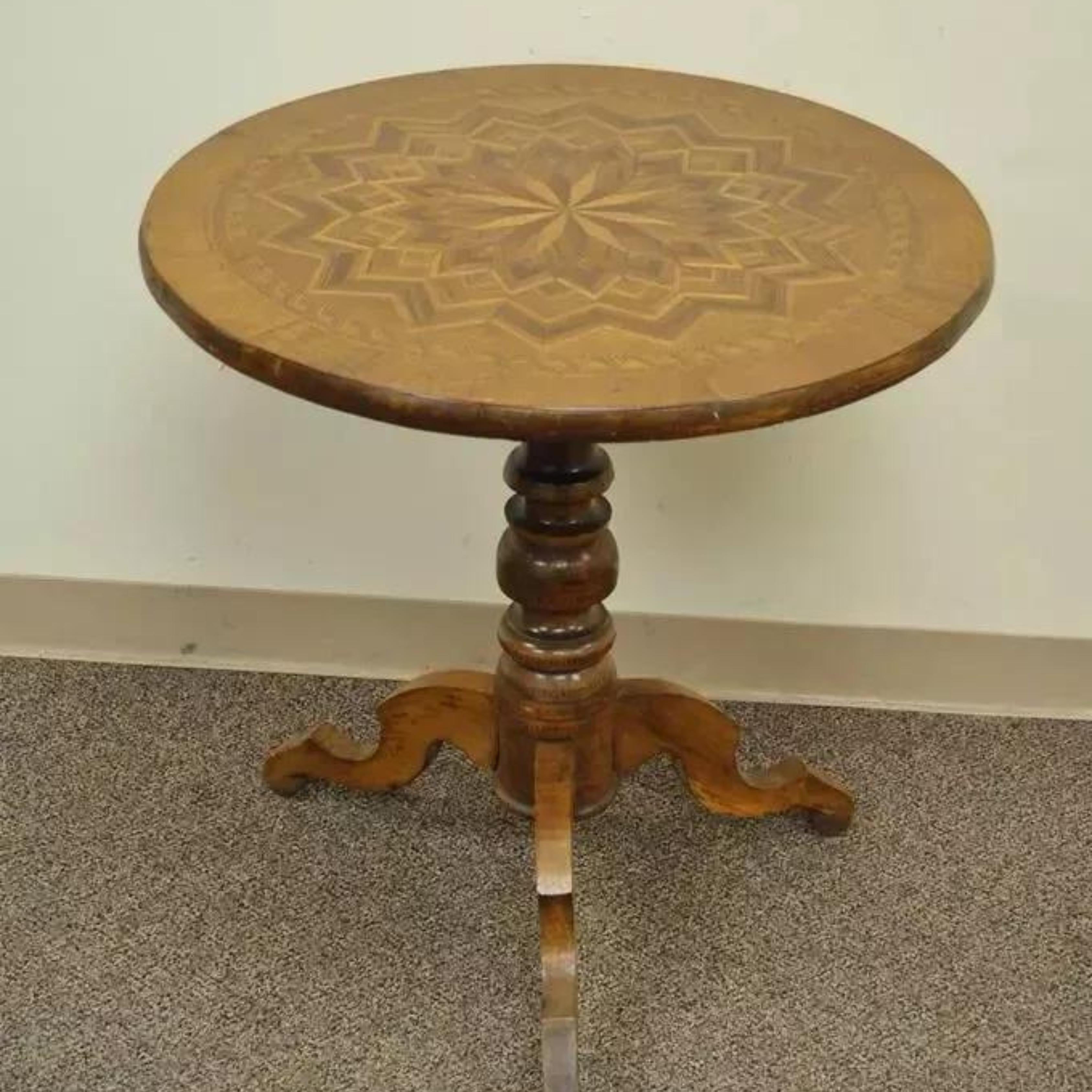 19th C Antique Italian Sorrentino Parquetry Inlaid Round Pedestal Center Table For Sale 7