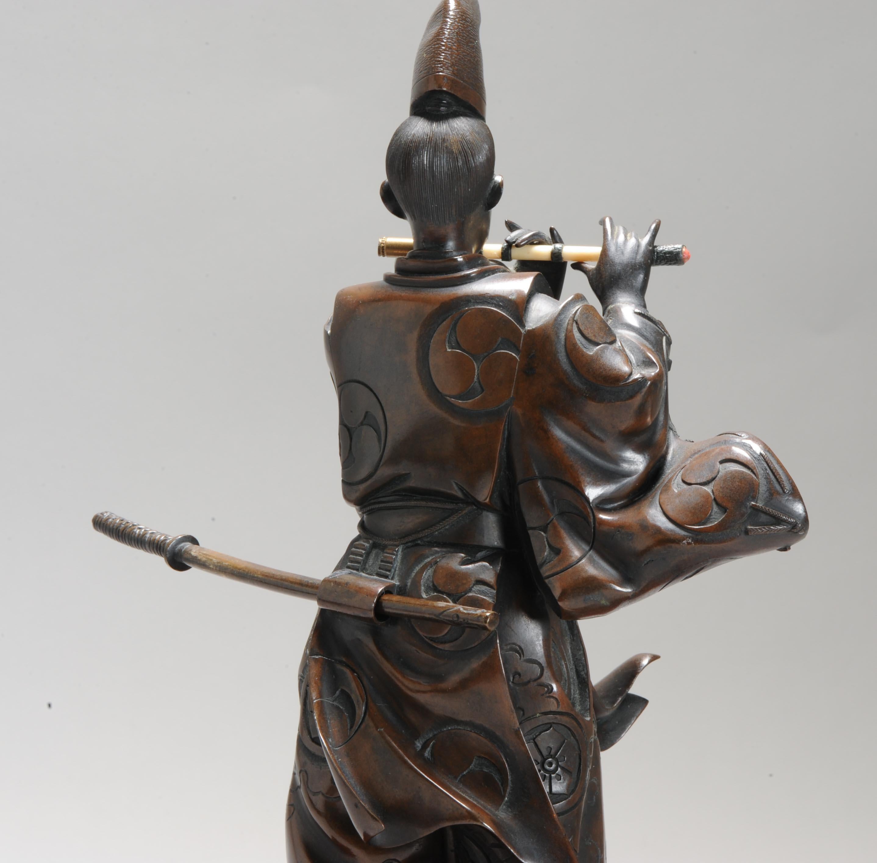 19th C Antique Meiji Period Japanese Bronze Samurai Statue Flute Japan 3