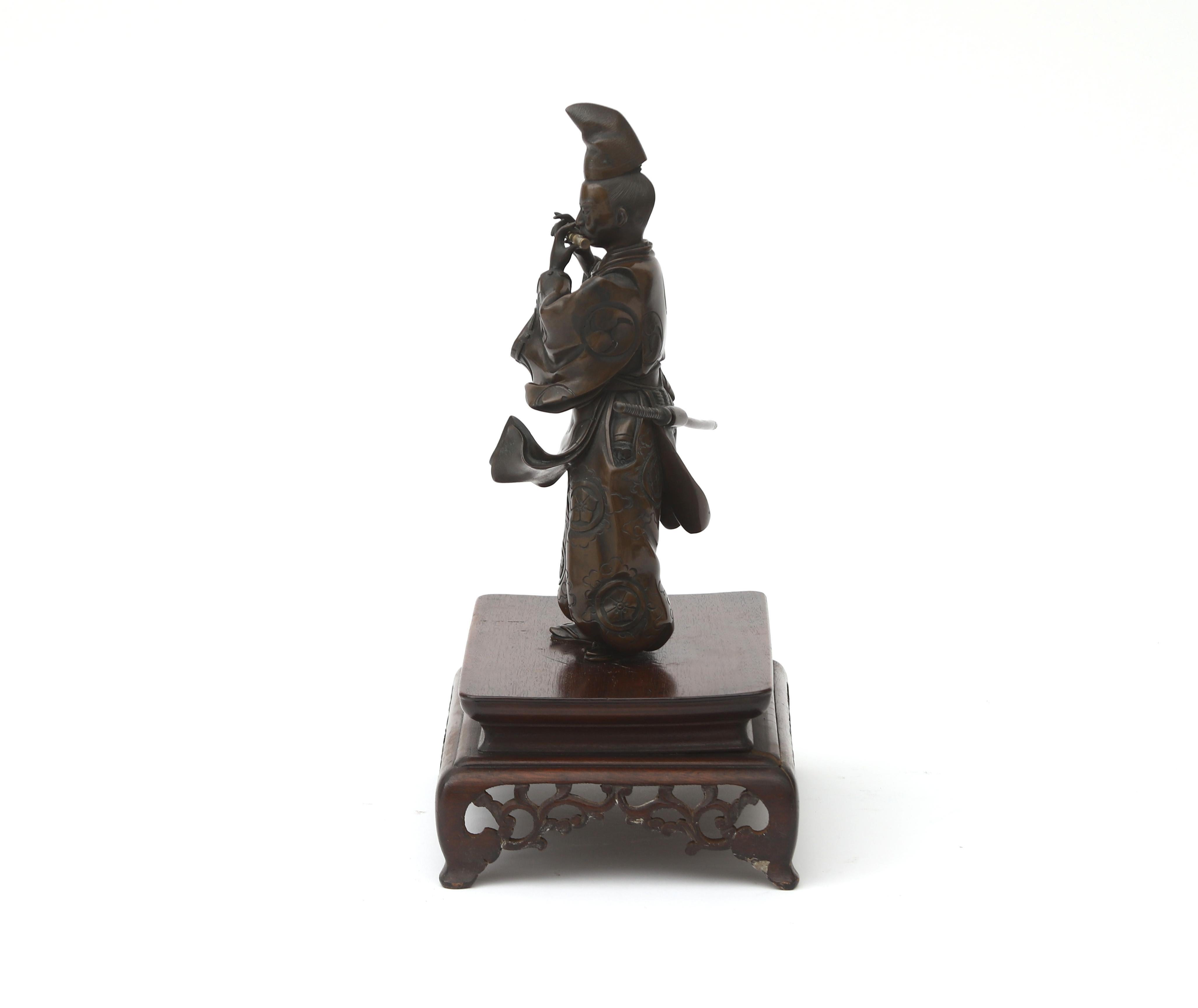 19th C Antique Meiji Period Japanese Bronze Samurai Statue Flute Japan 5
