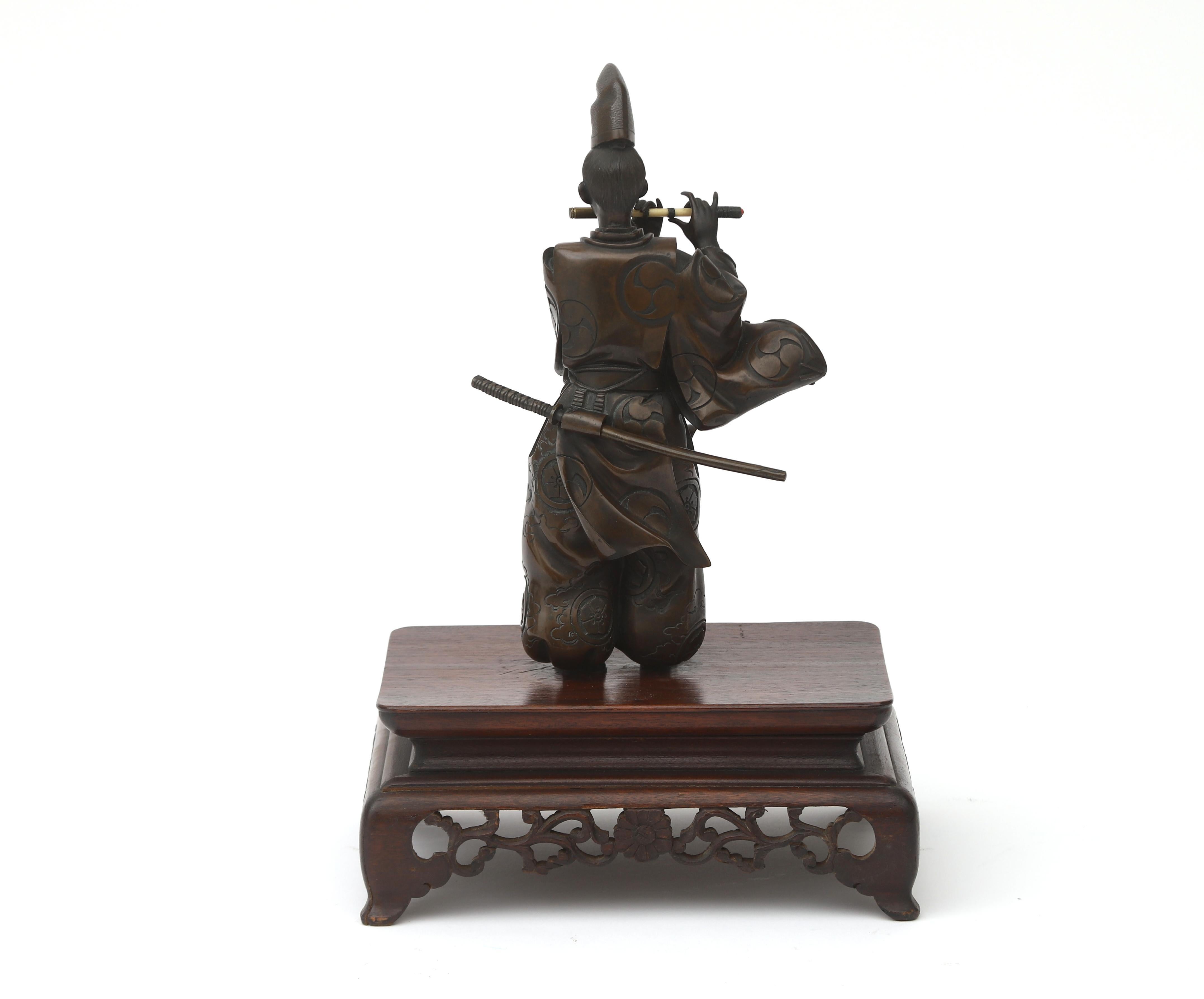 19th C Antique Meiji Period Japanese Bronze Samurai Statue Flute Japan 6