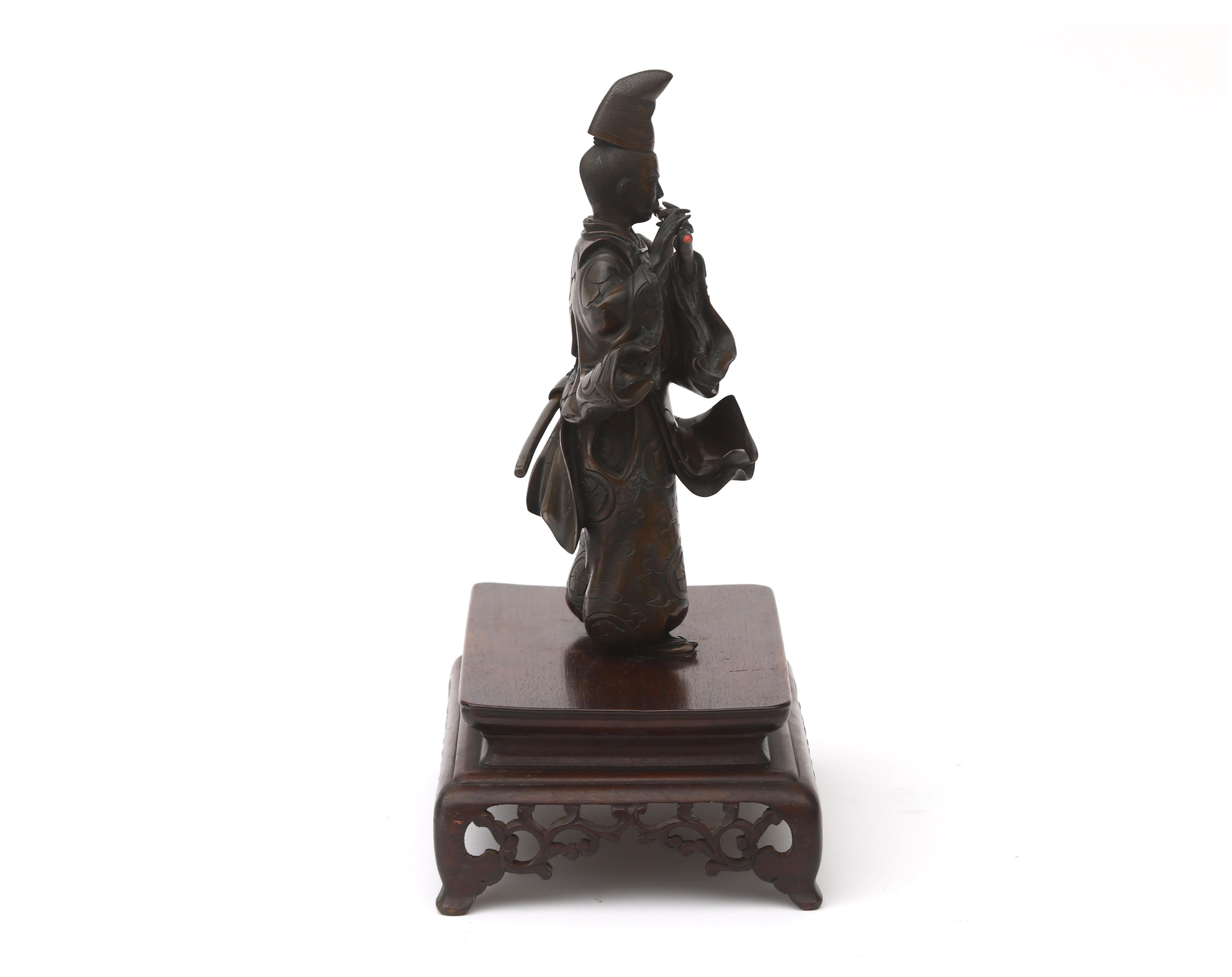 19th C Antique Meiji Period Japanese Bronze Samurai Statue Flute Japan 7