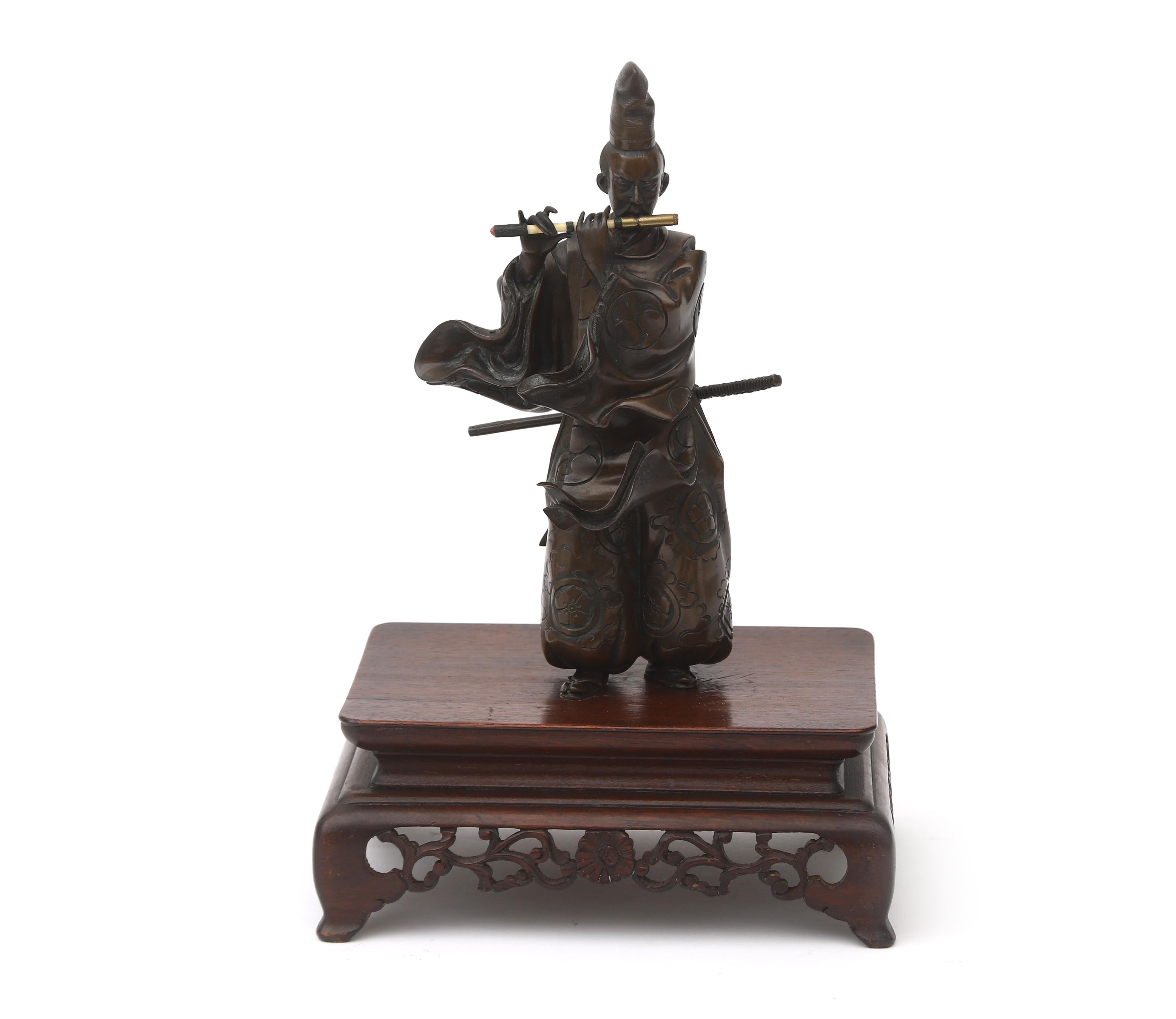 19th C Antique Meiji Period Japanese Bronze Samurai Statue Flute Japan 8