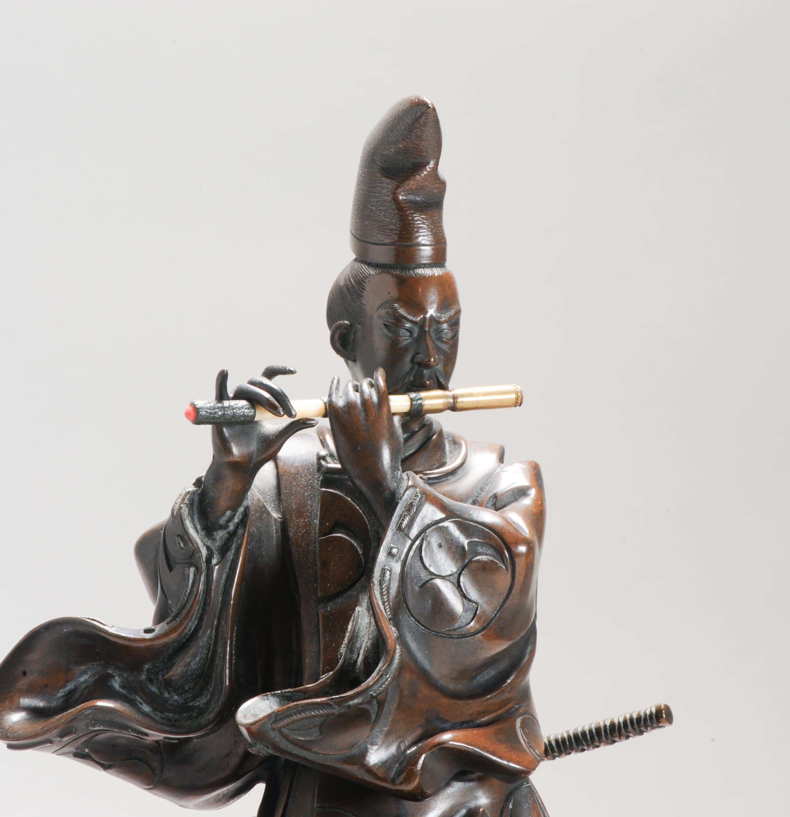 19th Century 19th C Antique Meiji Period Japanese Bronze Samurai Statue Flute Japan