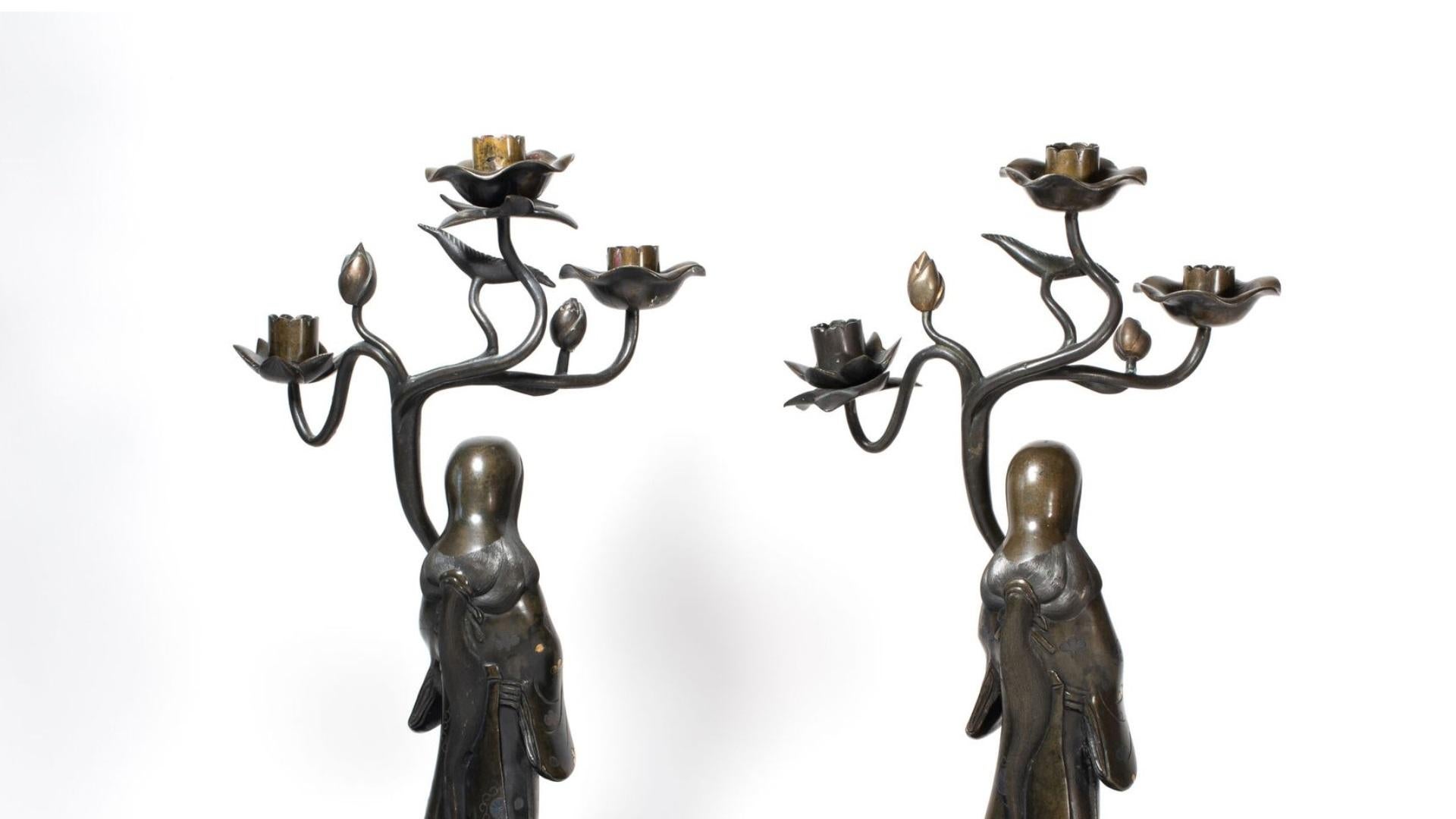19th Century 19th C Antique Meiji Period Japanese Shibuichi Mixed Metal Candle Sticks Bronze For Sale