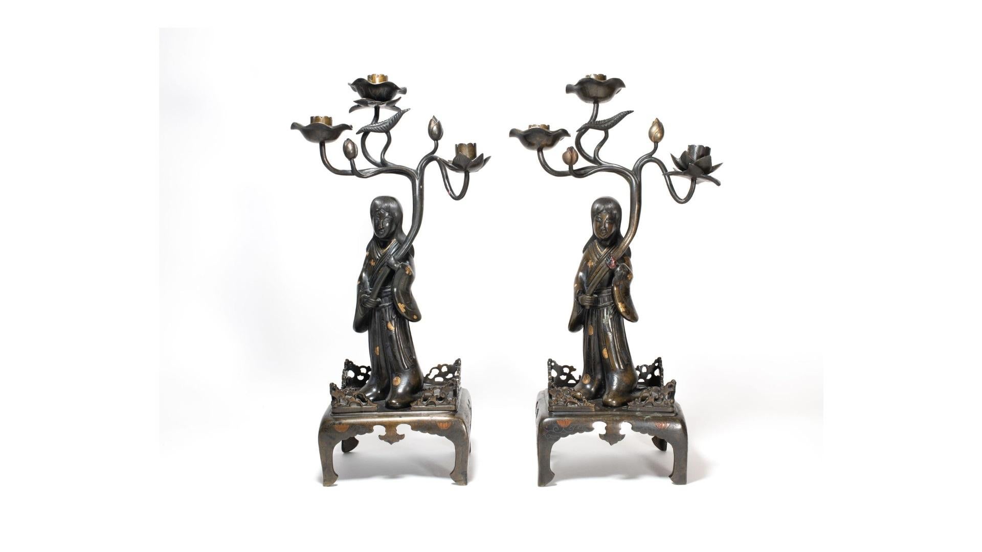 19th C Antique Meiji Period Japanese Shibuichi Mixed Metal Candle Sticks Bronze For Sale 1