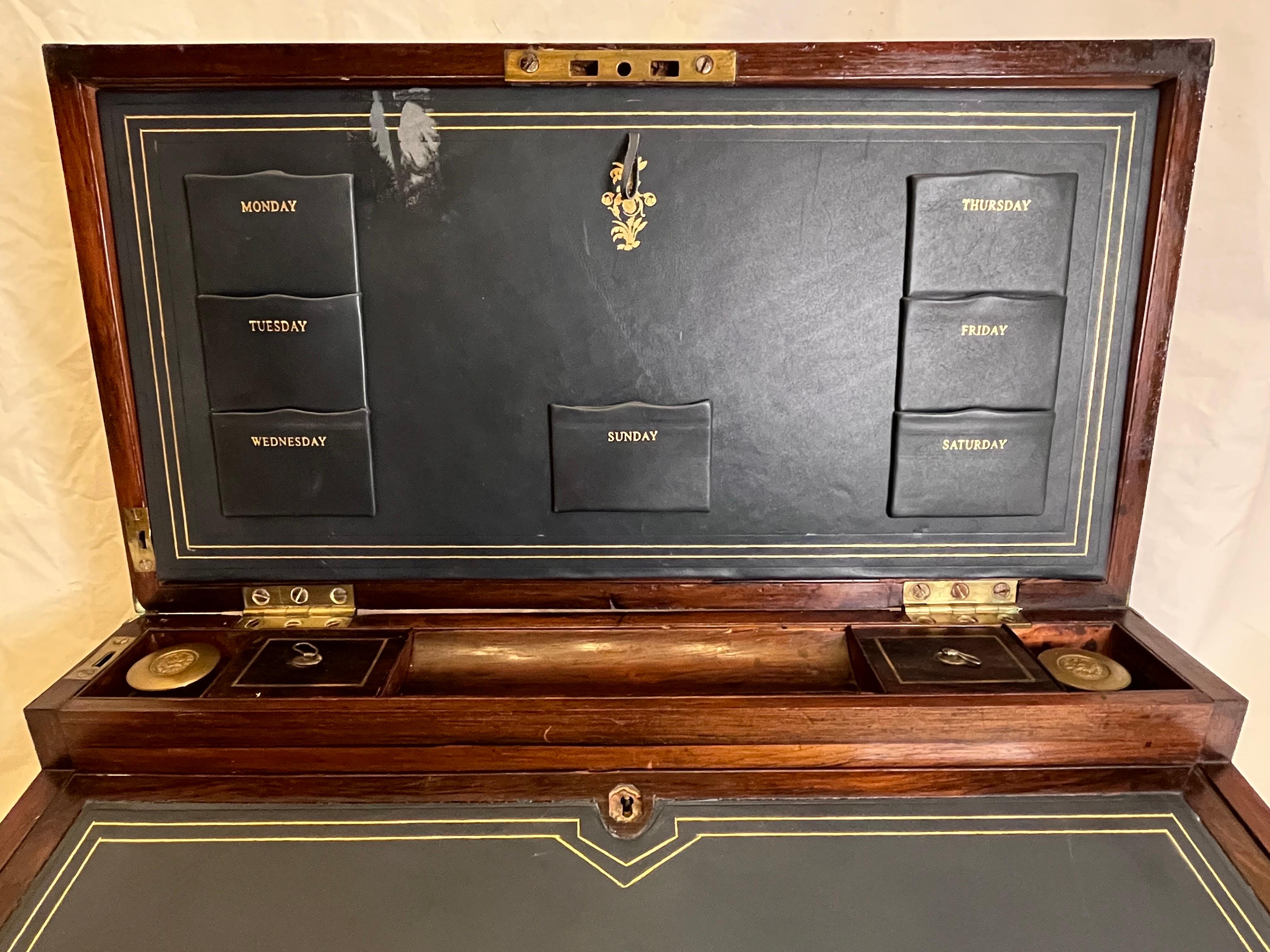 19th Century 19th C Antique Military Campaign English Traveling Writing Desk Tompson Patent