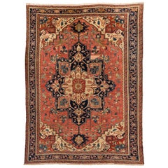 19th C.  Antique Northwest Persian Serapi Rug with Salmon Field and Deep Blues
