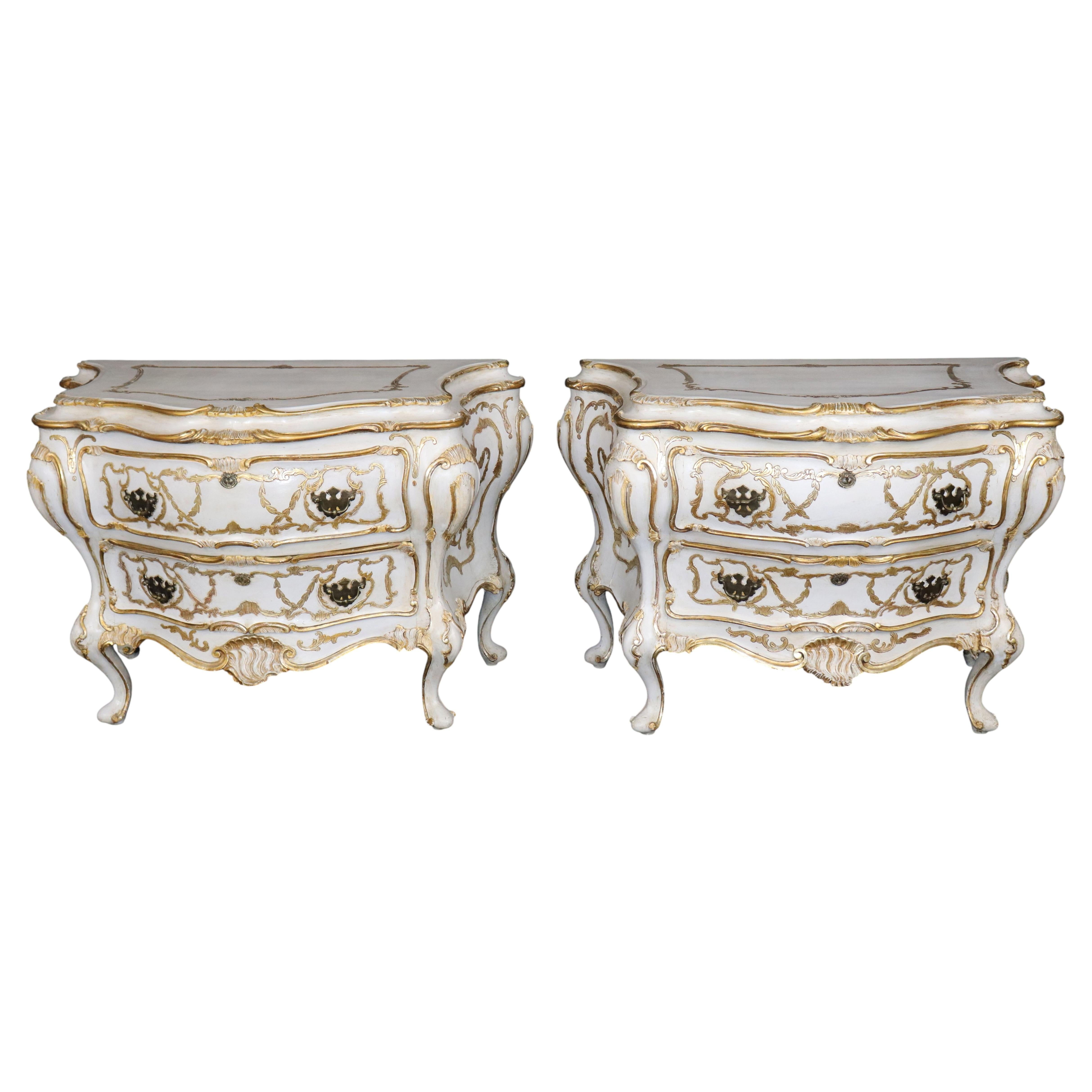 Pair of Antique Italian Rococo Style Parcel Gilt Paint Decorated Commodes