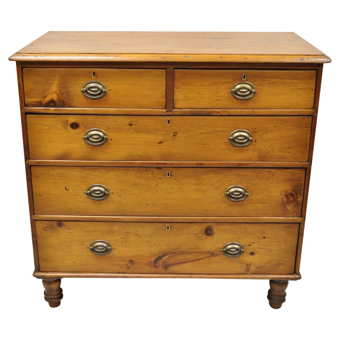 19th C. Antique Pine Wood 5 Drawer Primitive Colonial Chest Of Drawers Dresser
