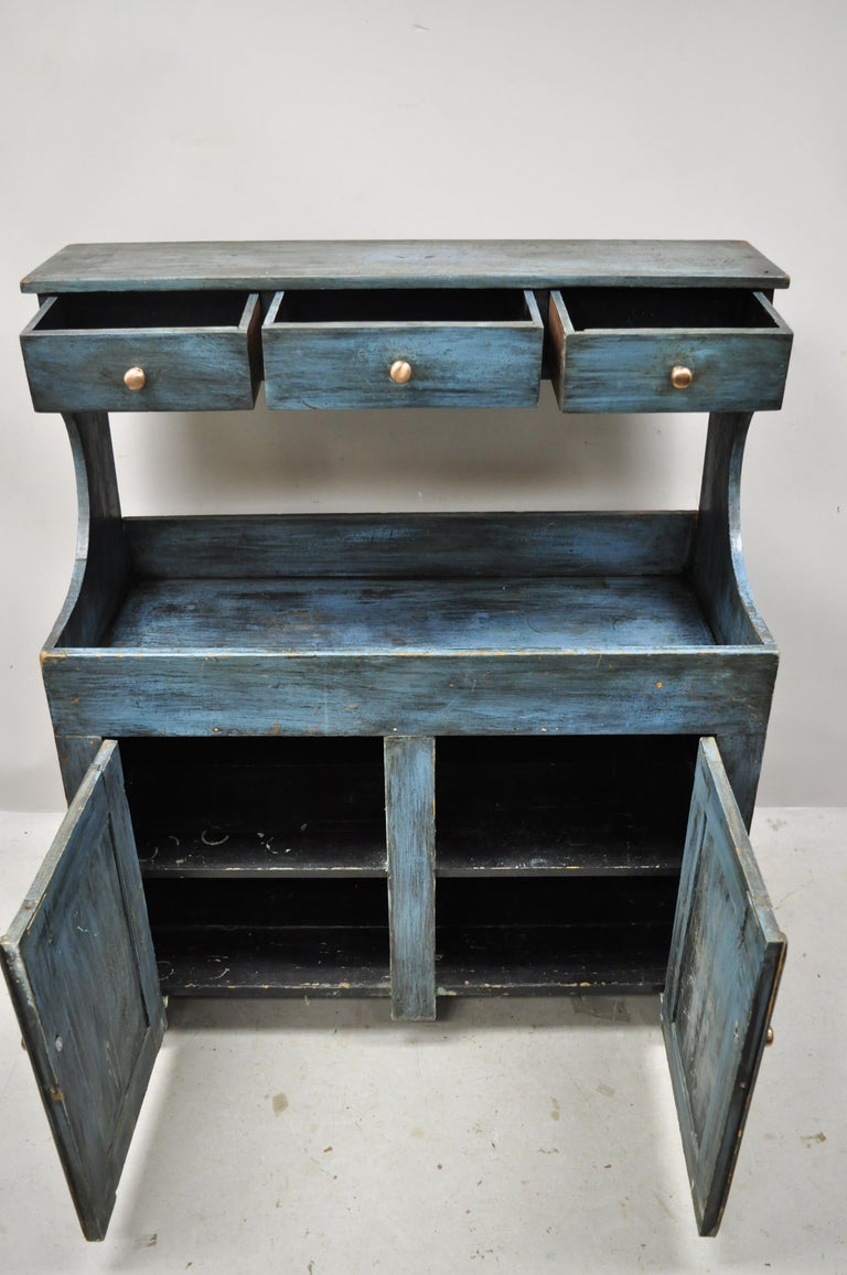 Antique Primitive Country Blue Distress Painted Stepback Cupboard