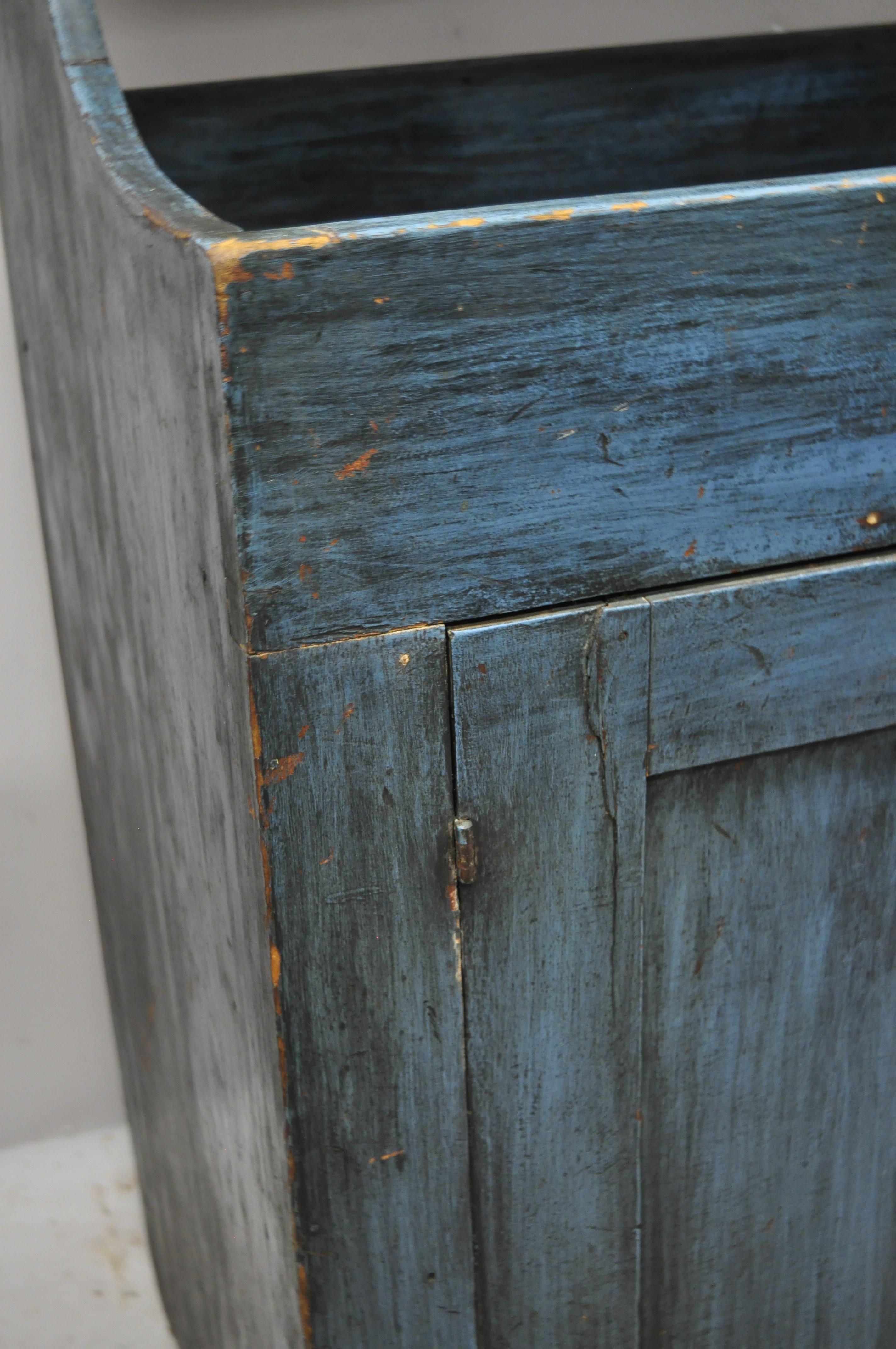 19th Century Antique Primitive Country Blue Distress Painted Stepback Cupboard Cabinet