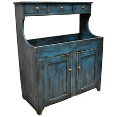 Antique Primitive Country Blue Distress Painted Stepback Cupboard Cabinet