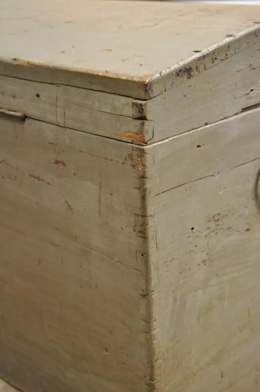 Rustic 19th C. Antique Primitive Dome Top Gray Painted Dovetailed Blanket Chest Trunk For Sale