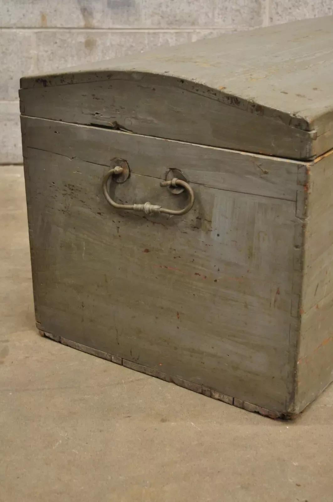 Wood 19th C. Antique Primitive Dome Top Gray Painted Dovetailed Blanket Chest Trunk For Sale