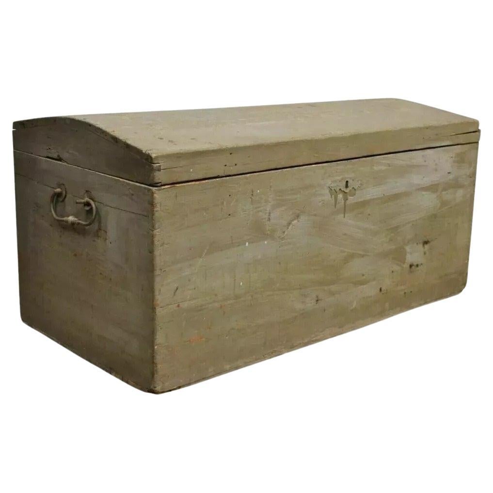 19th C. Antique Primitive Dome Top Gray Painted Dovetailed Blanket Chest Trunk
