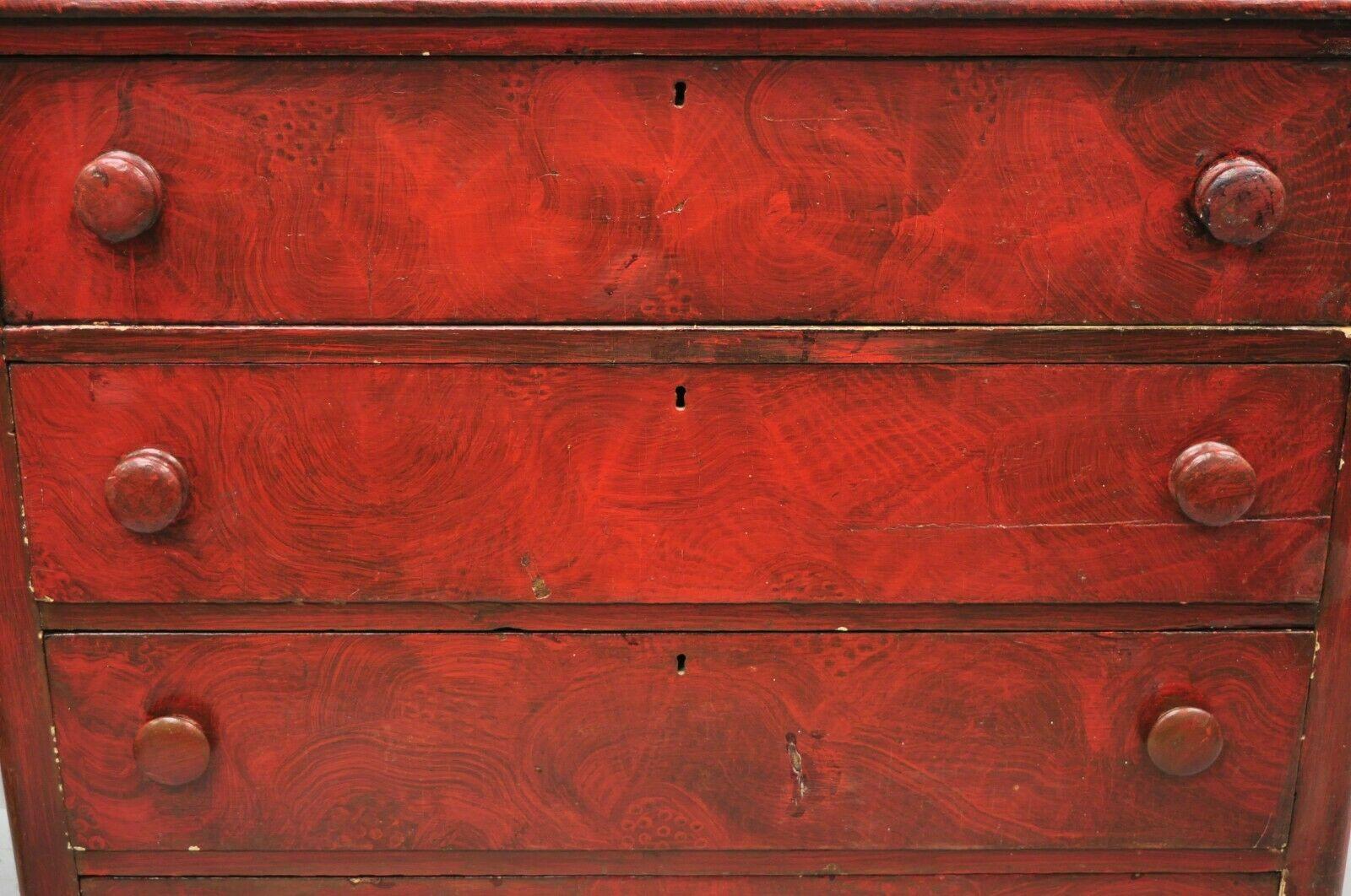 19th C Antique Primitive Red Grain Painted 4 Drawer Chest of Drawers Dresser 3