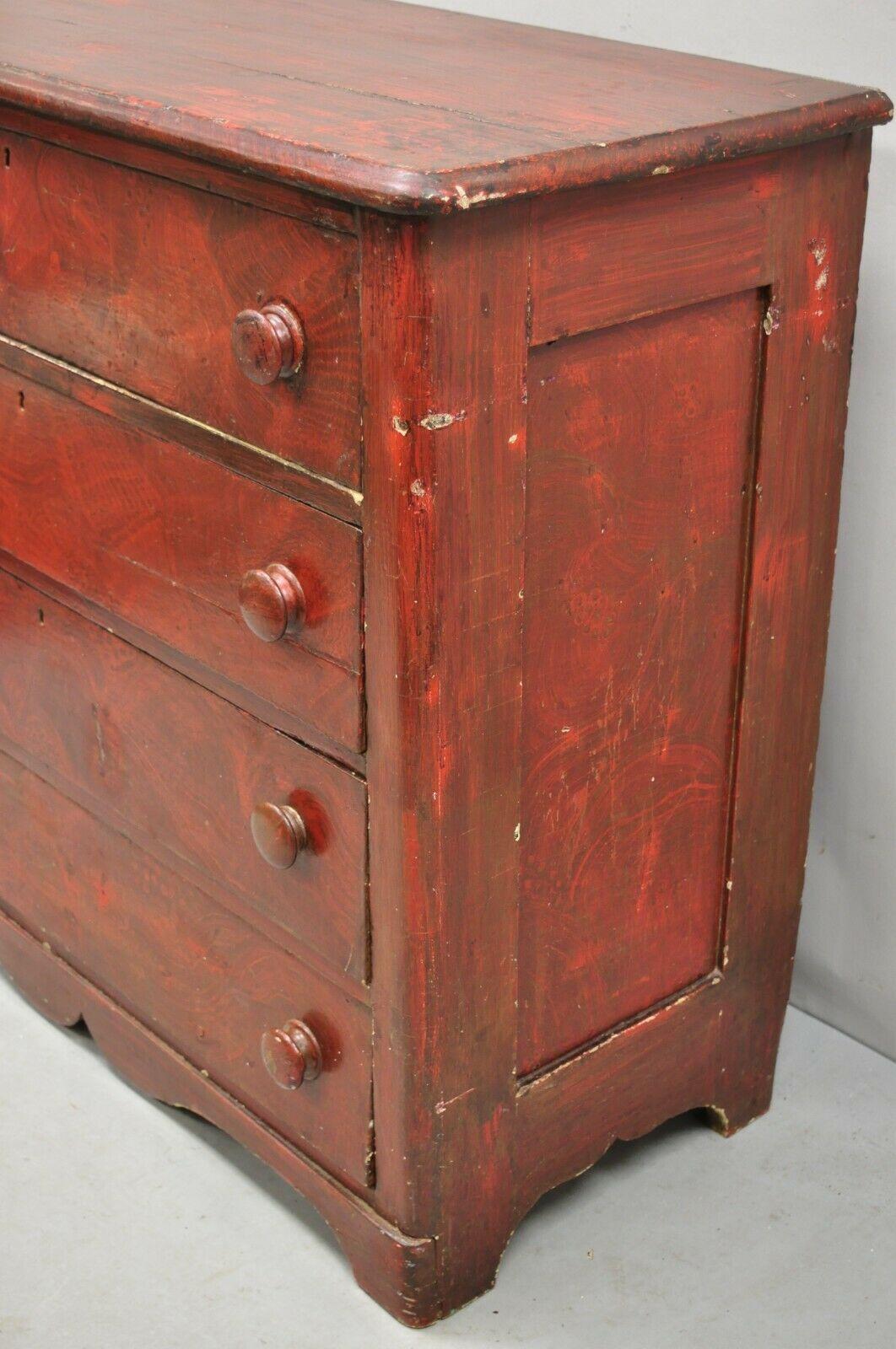 19th Century 19th C Antique Primitive Red Grain Painted 4 Drawer Chest of Drawers Dresser