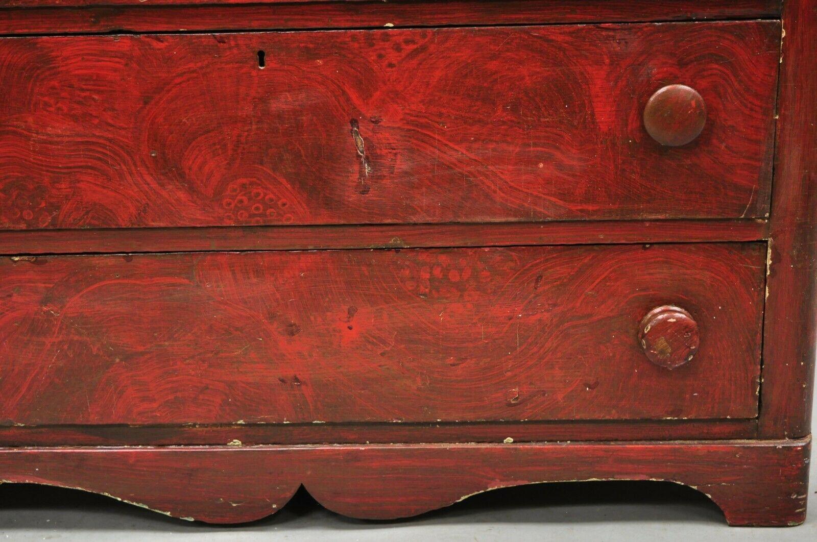 Wood 19th C Antique Primitive Red Grain Painted 4 Drawer Chest of Drawers Dresser