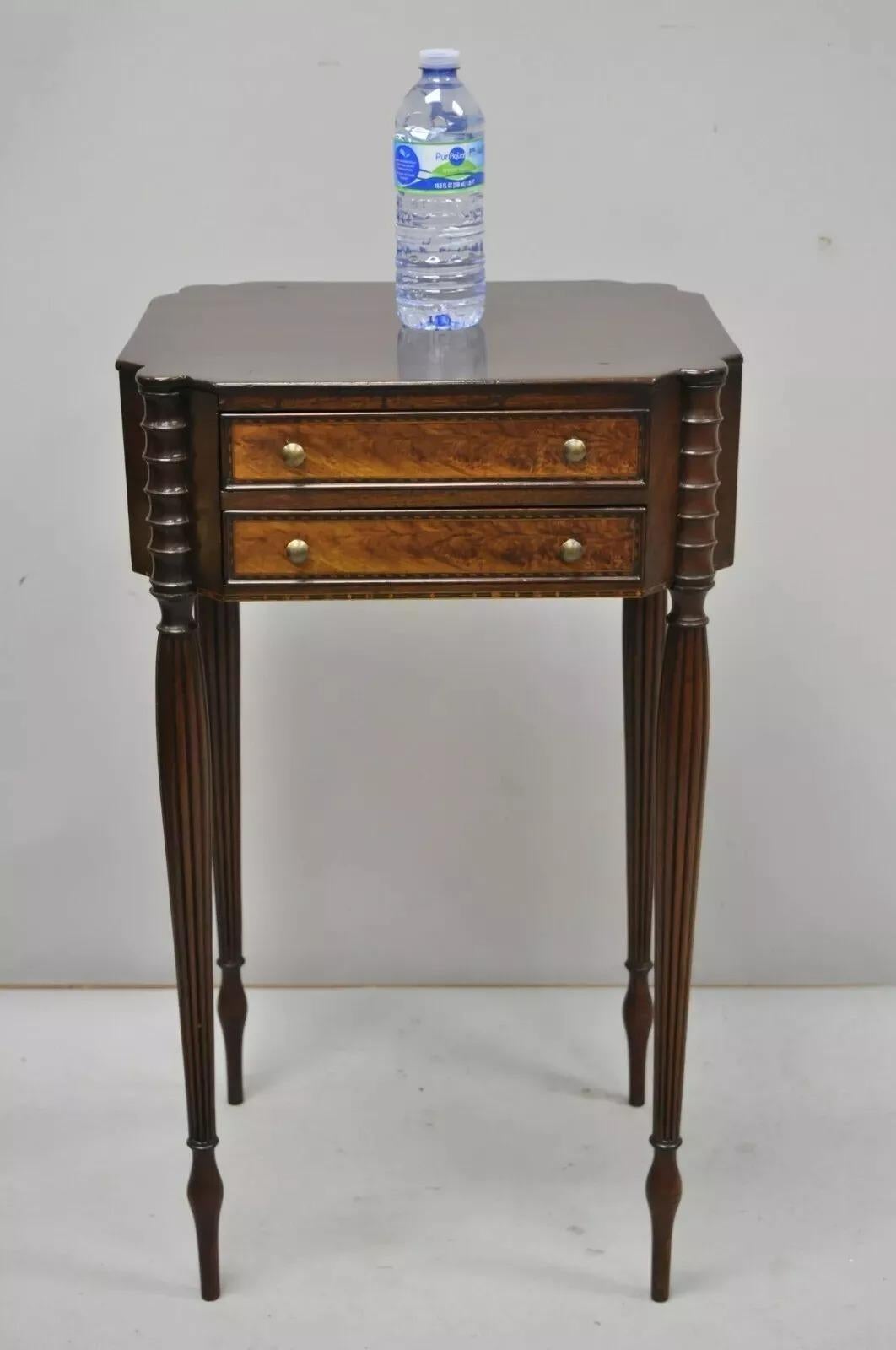19th C. Antique Sheraton Tapered Leg Burl Wood 2 Drawer Nightstand Side Table For Sale 4