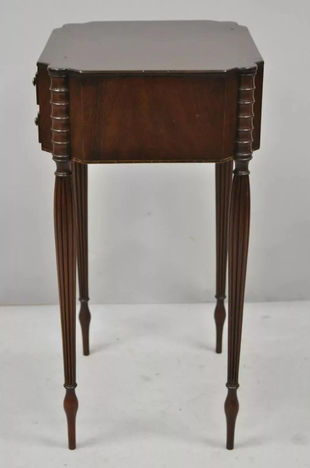 19th C. Antique Sheraton Tapered Leg Burl Wood 2 Drawer Nightstand Side Table For Sale 5
