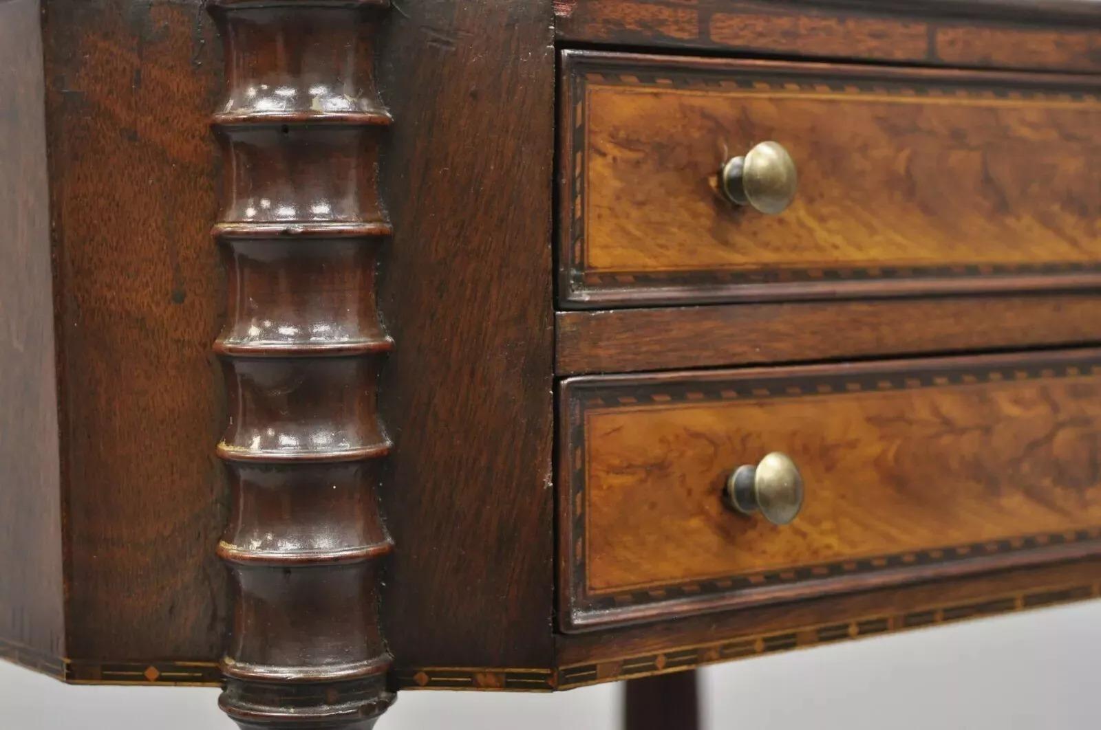 19th Century 19th C. Antique Sheraton Tapered Leg Burl Wood 2 Drawer Nightstand Side Table For Sale