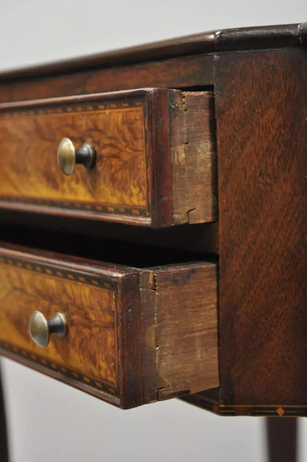Mahogany 19th C. Antique Sheraton Tapered Leg Burl Wood 2 Drawer Nightstand Side Table For Sale