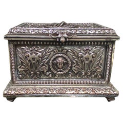 19th C Antique Silvered Bronze Silverplated Hinged Box, Trinket Jewelry Casket