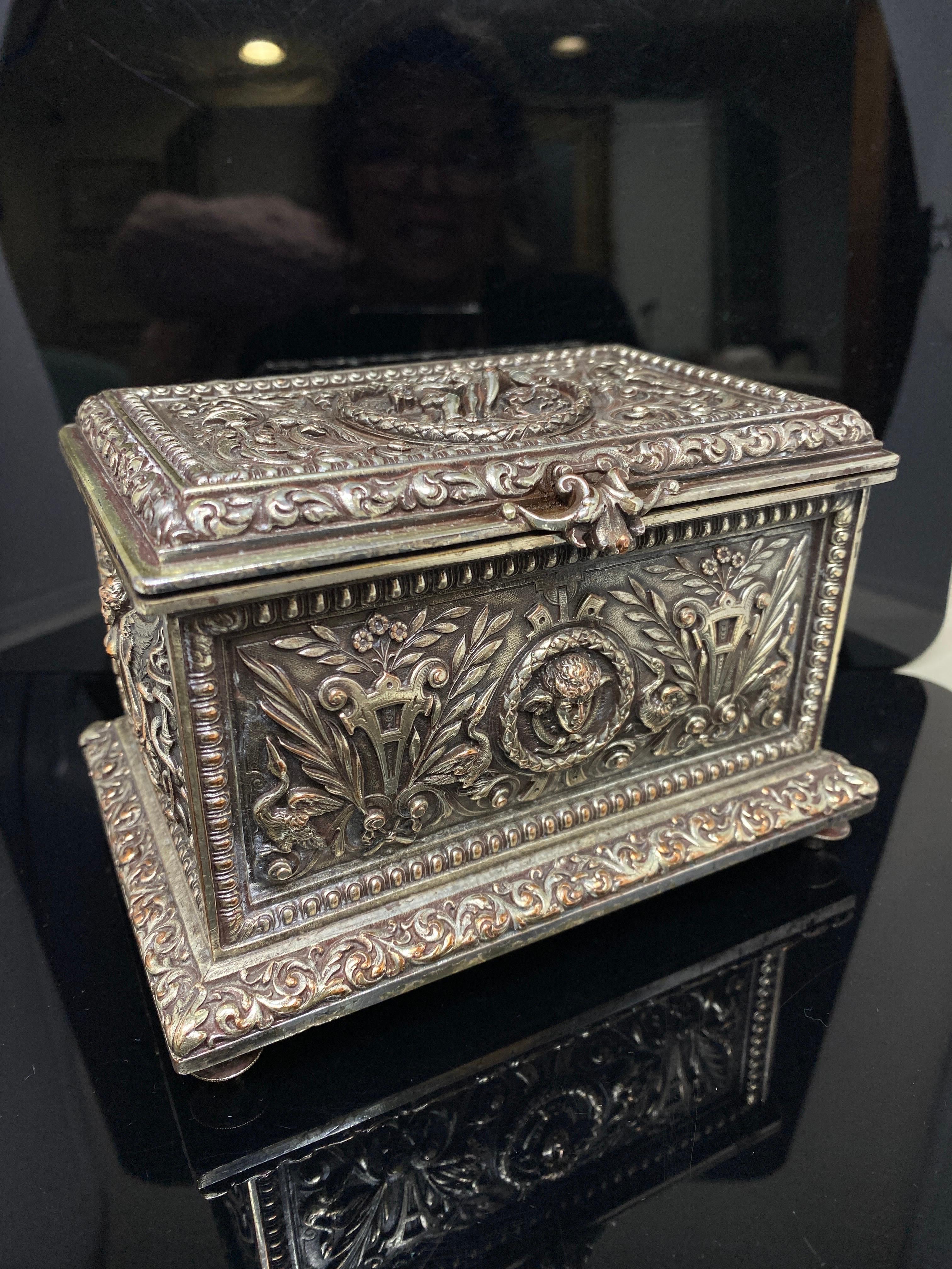 Neoclassical 19th C Antique Silvered Bronze Silverplated Hinged Box, Trinket Jewelry Casket For Sale