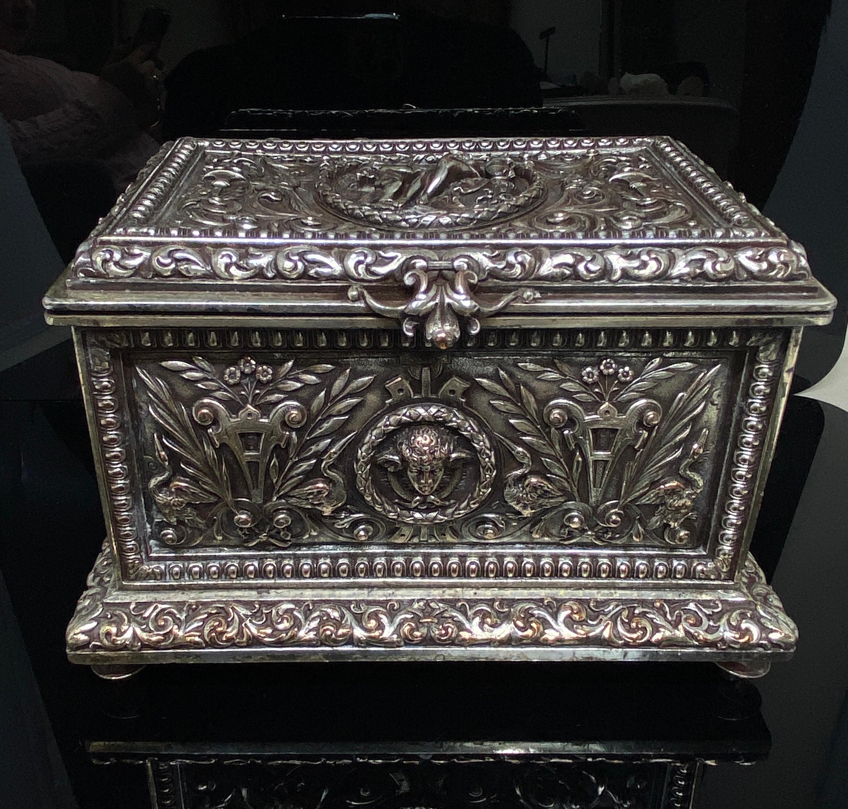 19th C Antique Silvered Bronze Silverplated Hinged Box, Trinket Jewelry Casket In Good Condition For Sale In Bernardsville, NJ