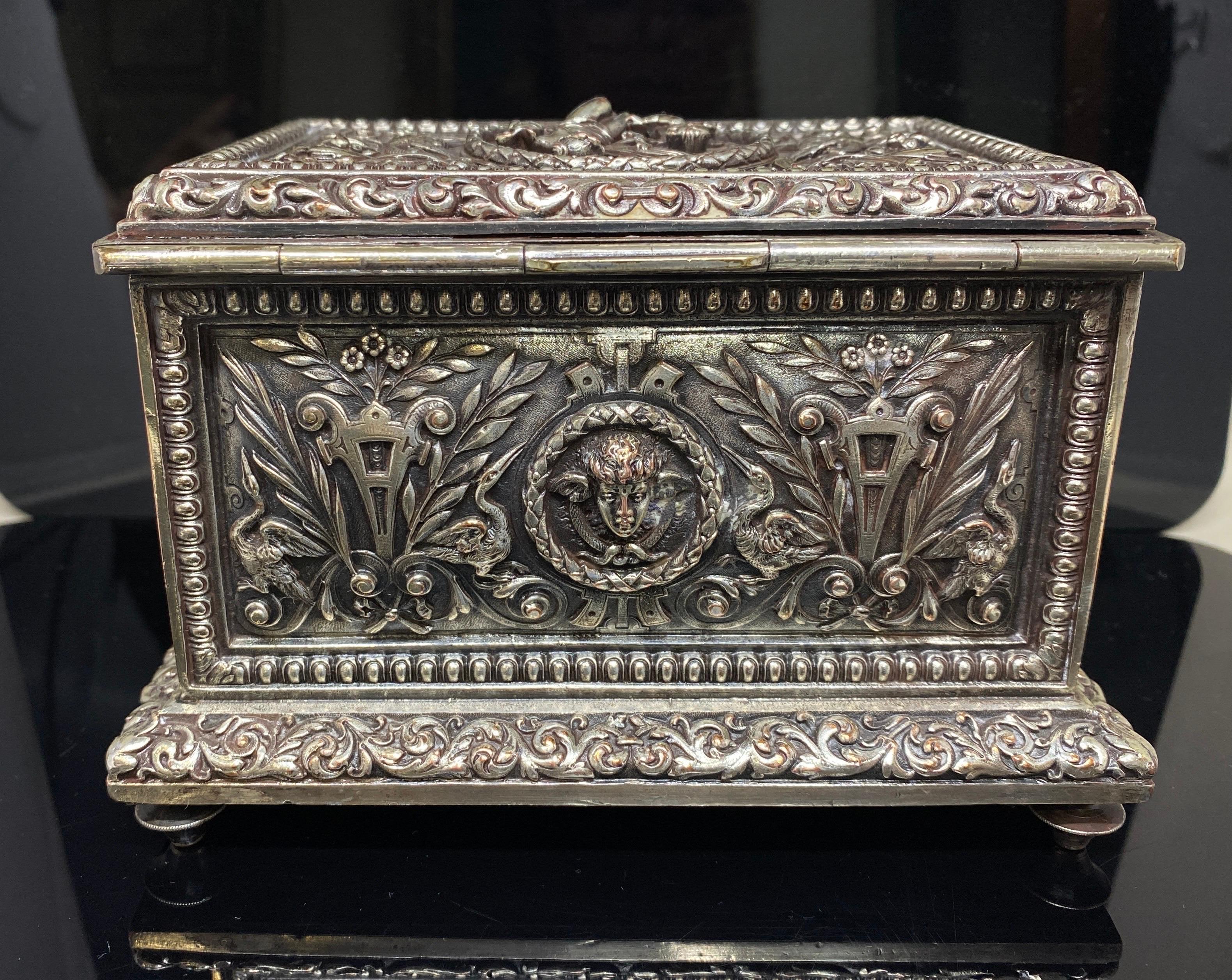 19th C Antique Silvered Bronze Silverplated Hinged Box, Trinket Jewelry Casket For Sale 1