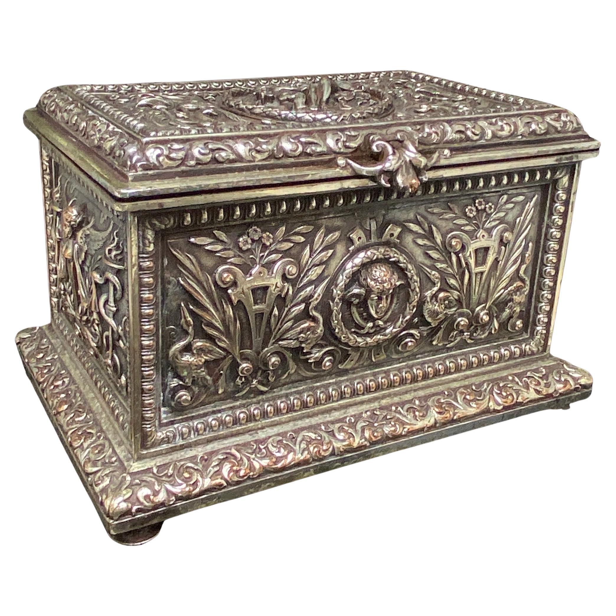 19th C Antique Silvered Bronze Silverplated Hinged Box, Trinket Jewelry Casket For Sale