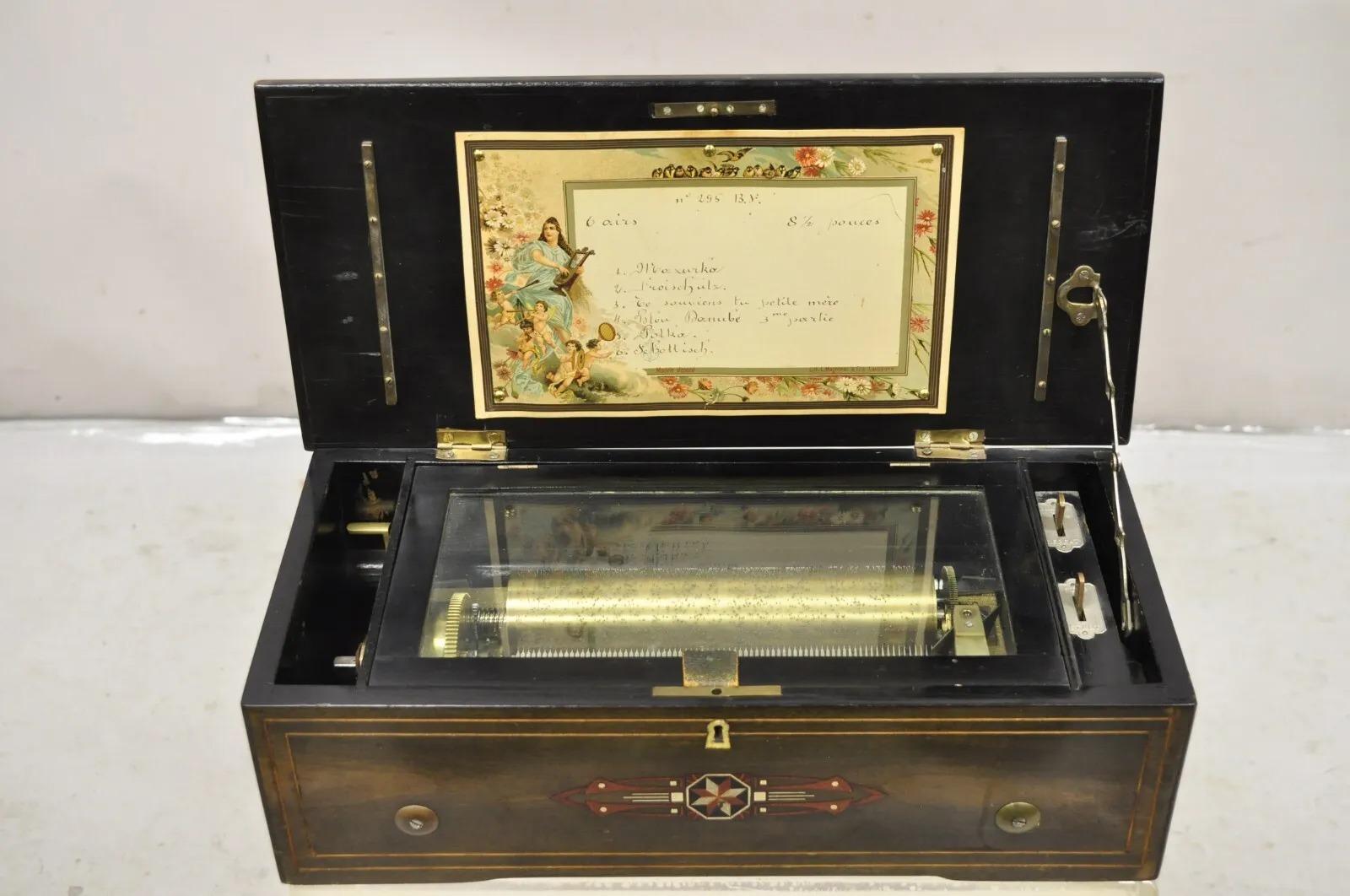 19th Century 19th C. Antique Swiss Cylinder Roll Music Box 6 Tune Airs with Inlaid Case For Sale