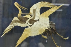 Antique Victorian Carved Fire Screen with Silk Embroidered Crane Panel