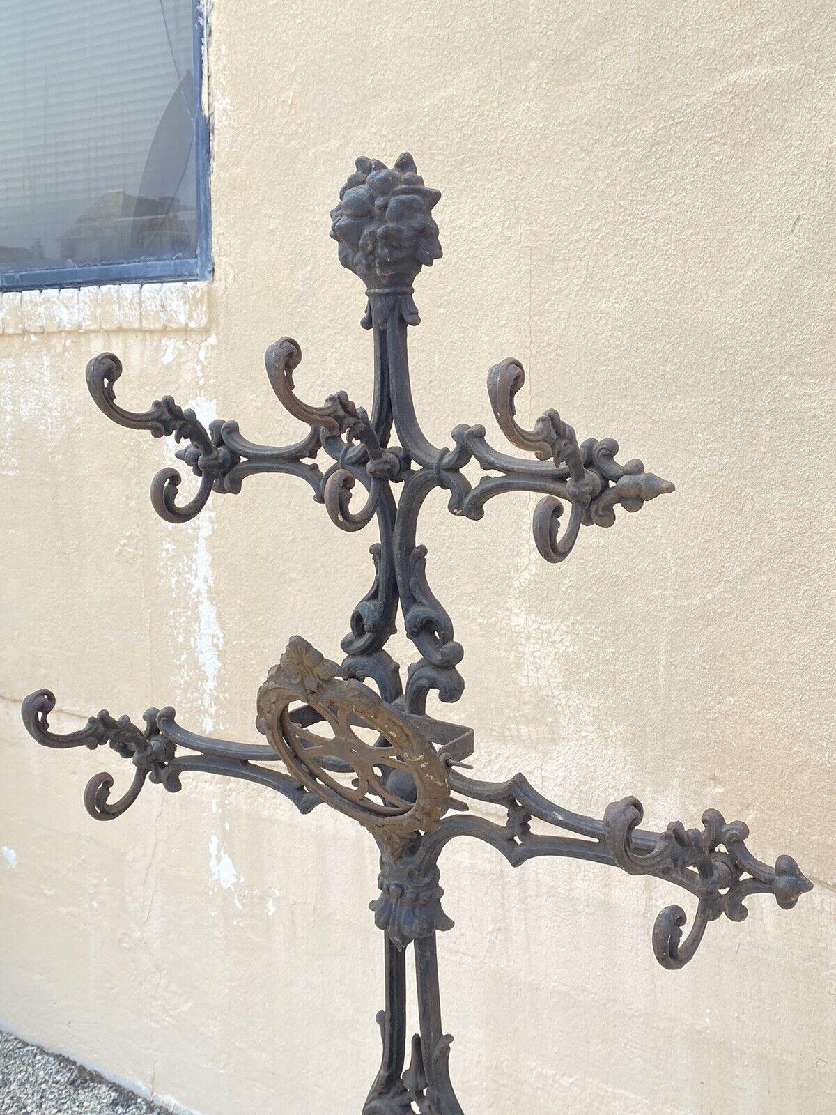 19th C. Antique Victorian Cast Iron Rococo Hall Tree Coat Hook Umbrella Stand For Sale 6