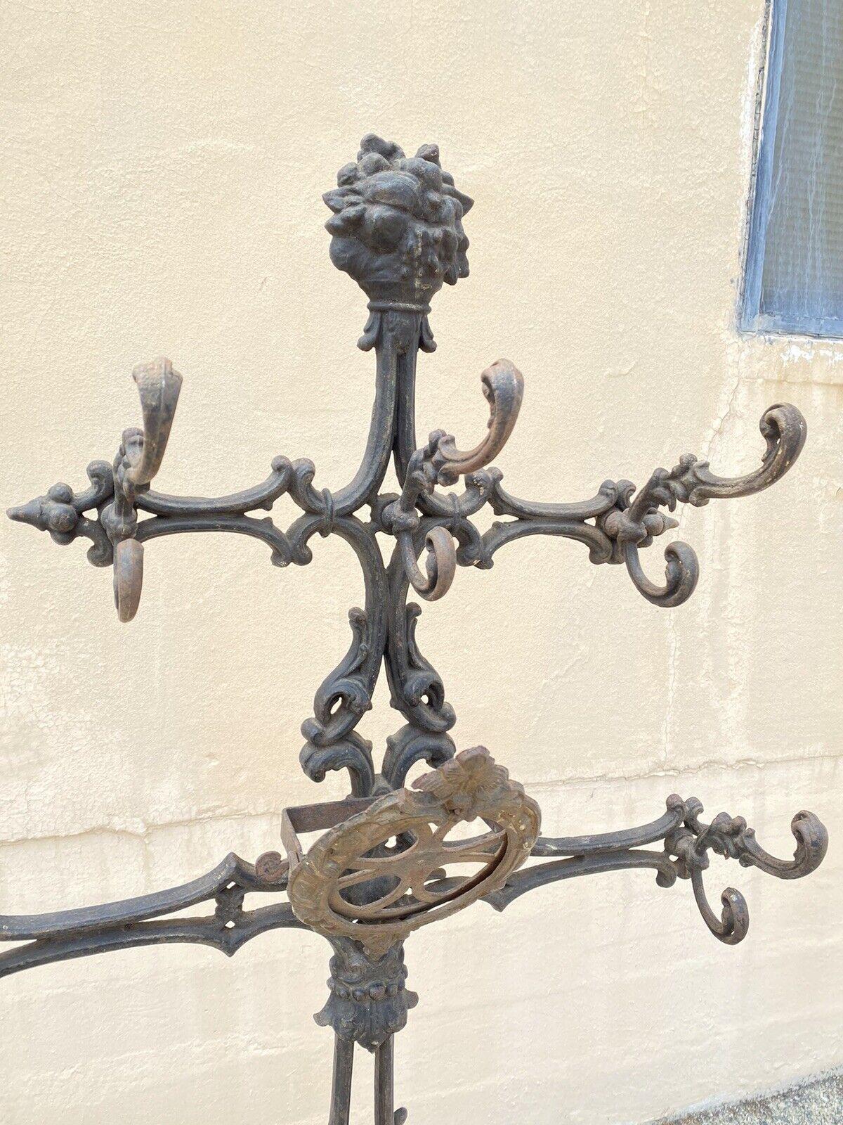 19th C. Antique Victorian Cast Iron Rococo Hall Tree Coat Hook Umbrella Stand In Good Condition For Sale In Philadelphia, PA