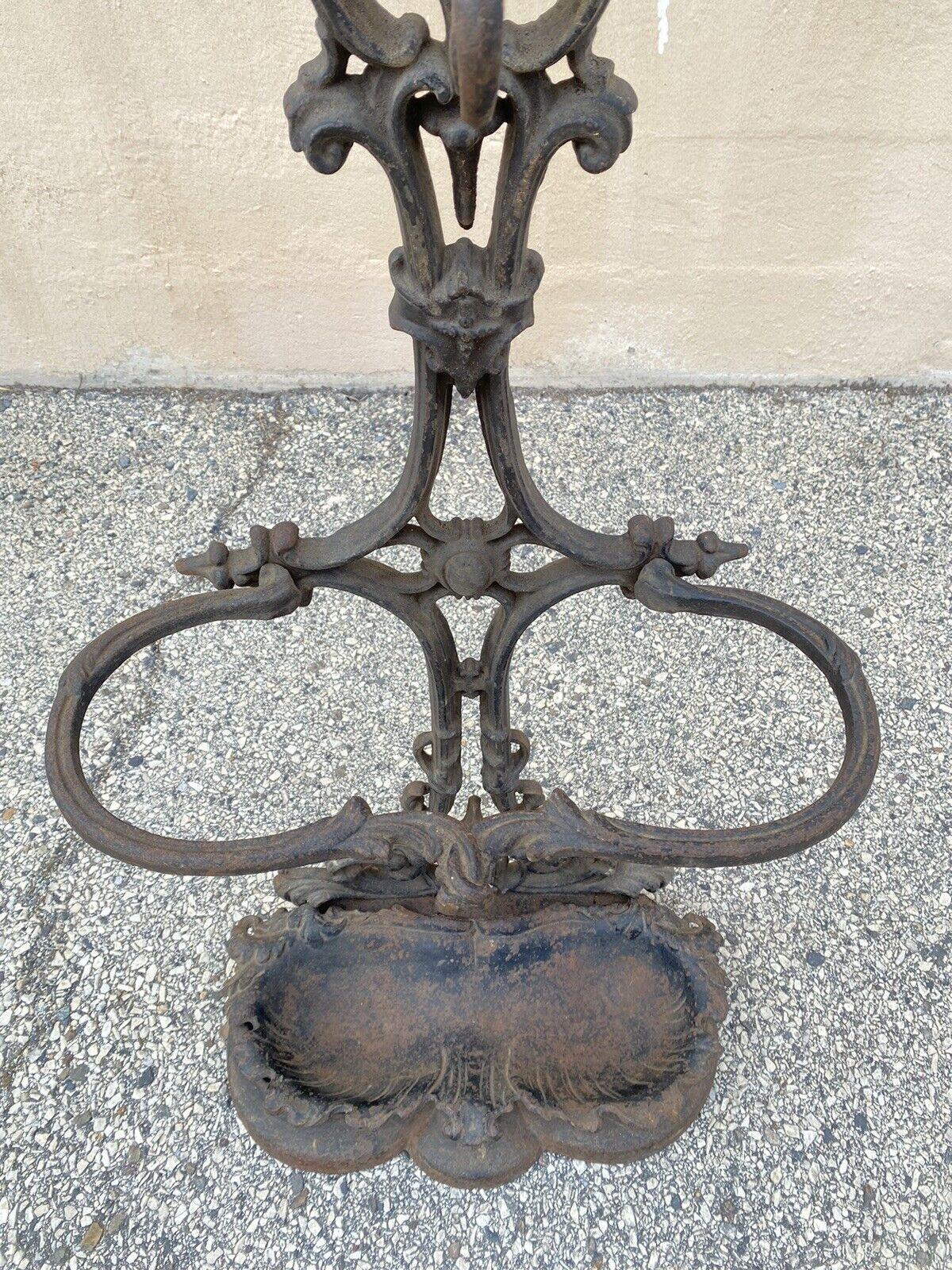 19th Century 19th C. Antique Victorian Cast Iron Rococo Hall Tree Coat Hook Umbrella Stand For Sale
