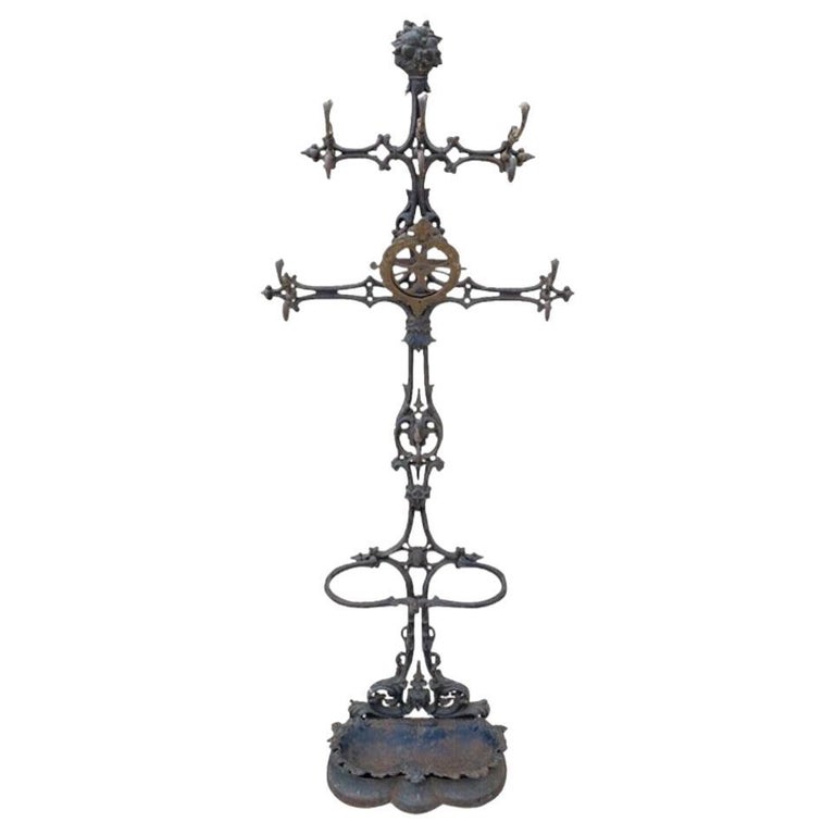 19th C. Antique Victorian Cast Iron Rococo Hall Tree Coat Hook Umbrella  Stand For Sale at 1stDibs