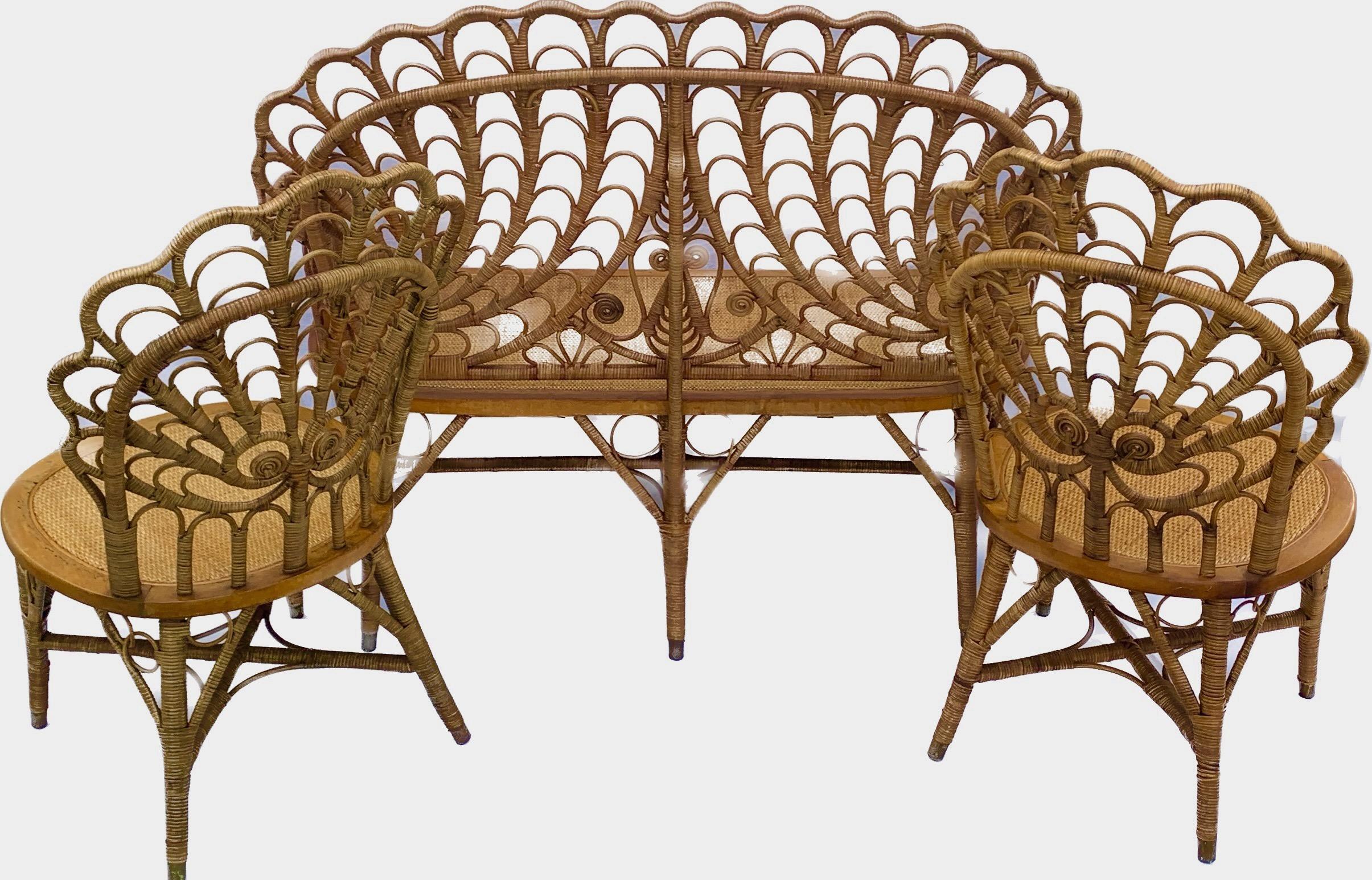 Hand-Woven 19th C. Antique Wicker Three Piece Shell Back Design Suite by Heywood Brothers