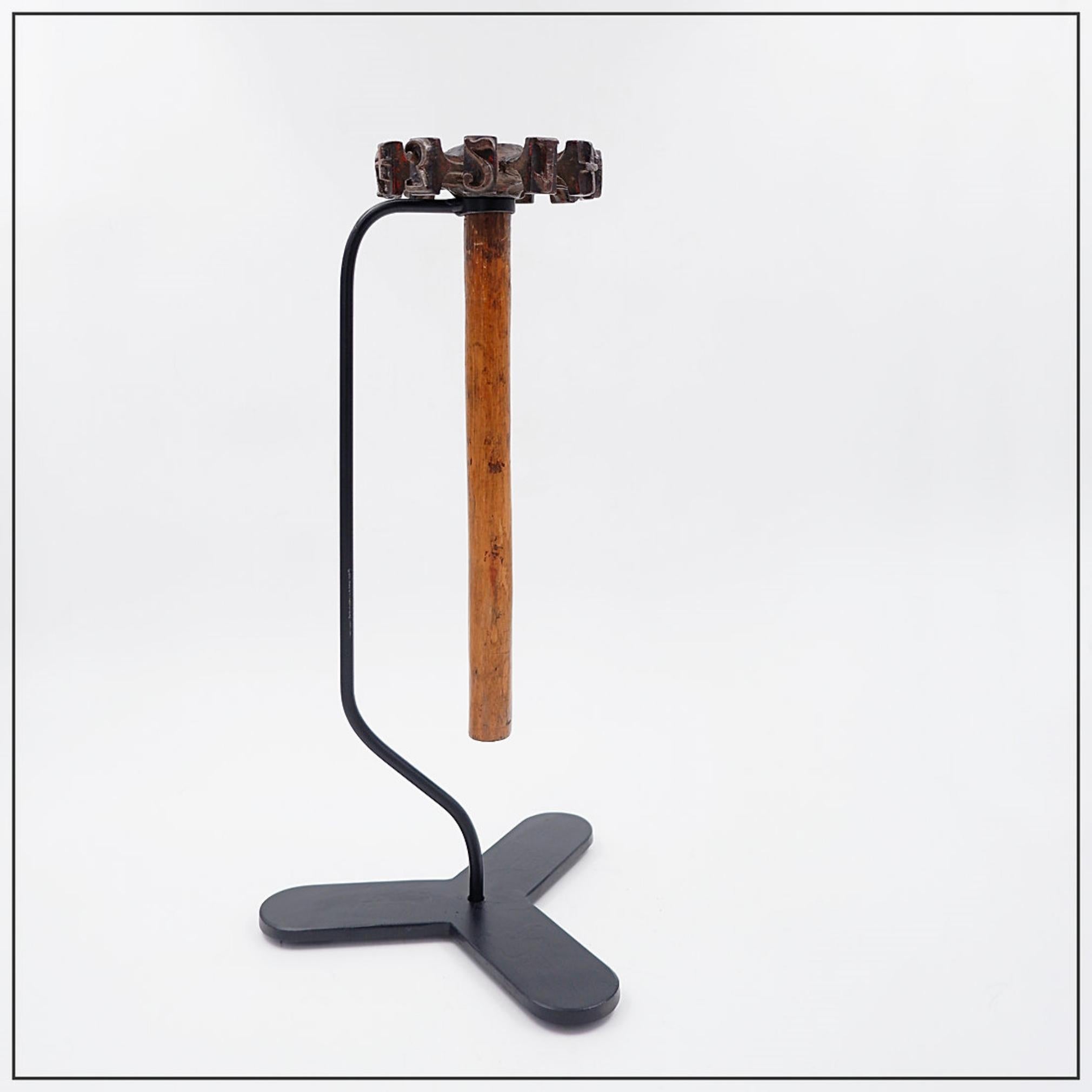 19th c Antique Wood Log Marking Tool Hammer on base