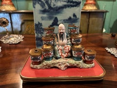 19th C. Antique Writing Stand Desk Office Inkwell Center Piece Chinese Porcelain