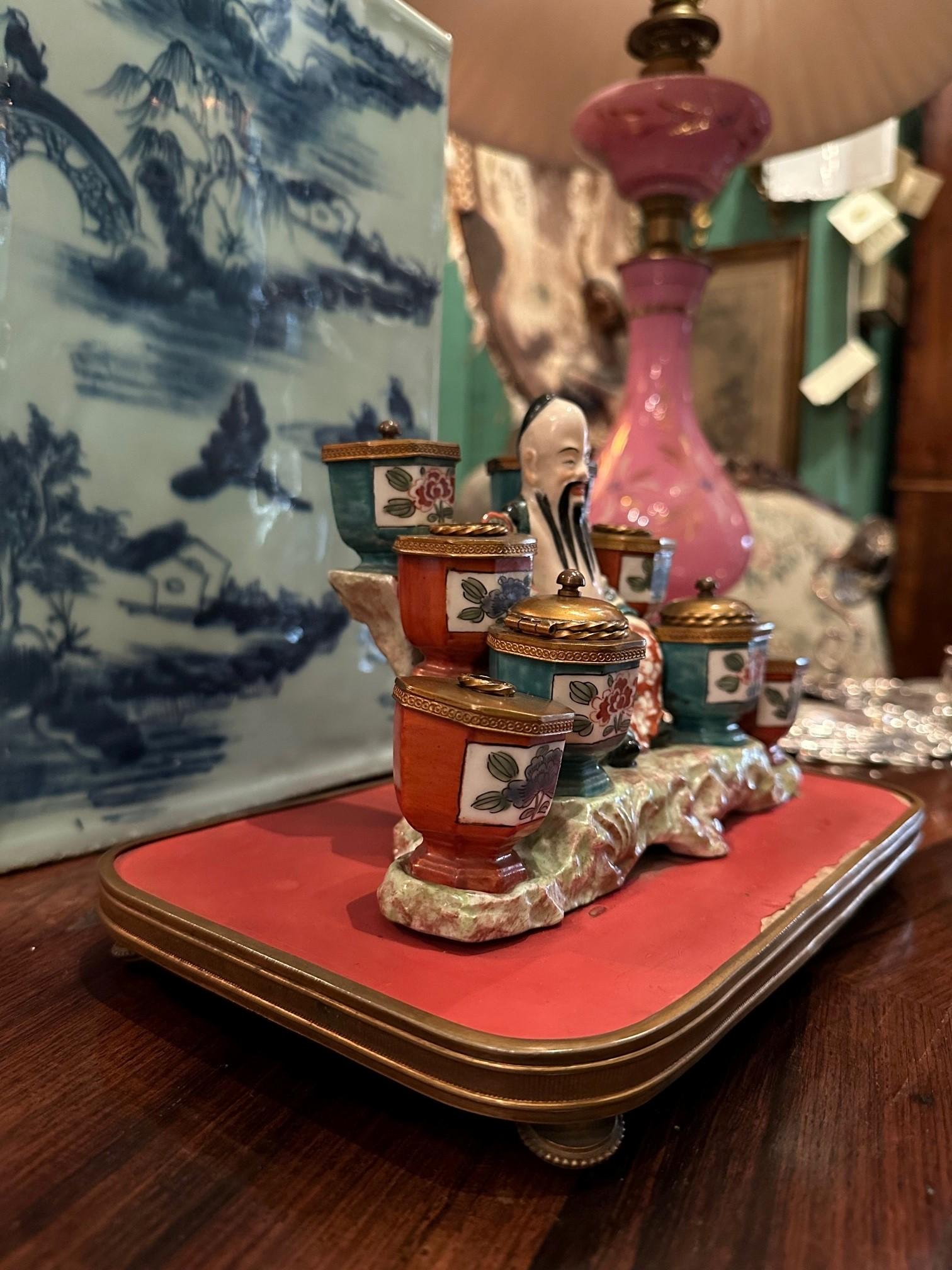French 19th C. Antique Writing Stand Desk Office Inkwell Center Piece Chinese Porcelain For Sale