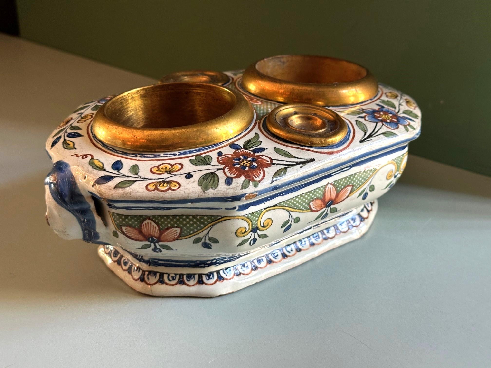 19th C. Antique Writing Stand Desk office Inkwell Center Piece Faience Porcelain For Sale 3