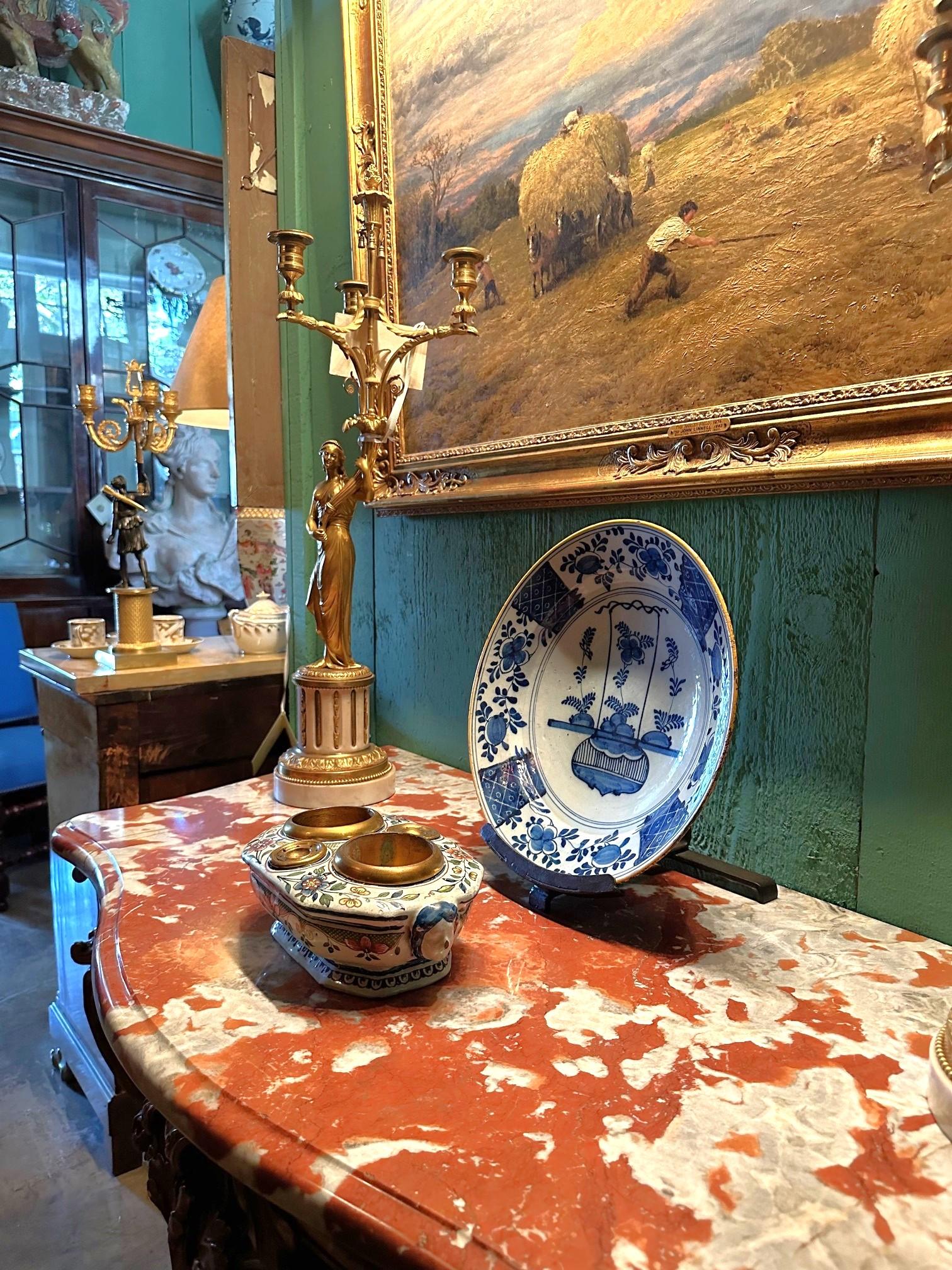 19th C. Antique Writing Stand Desk office Inkwell Center Piece Faience Porcelain For Sale 6