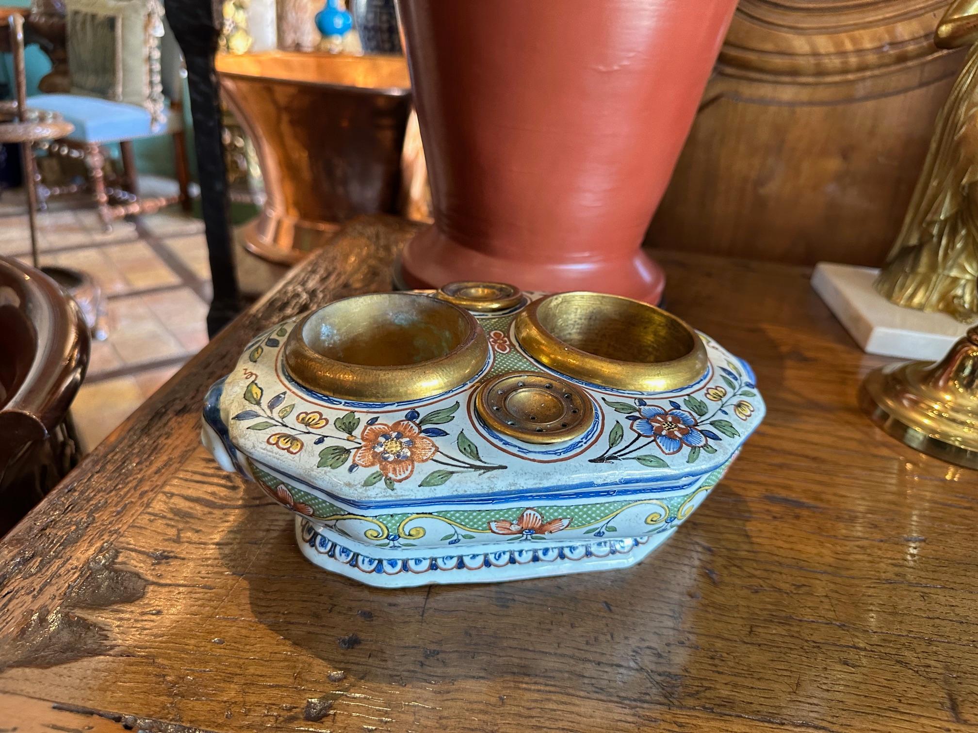 19th C. Antique Writing Stand Desk office Inkwell Center Piece Faience Porcelain For Sale 11