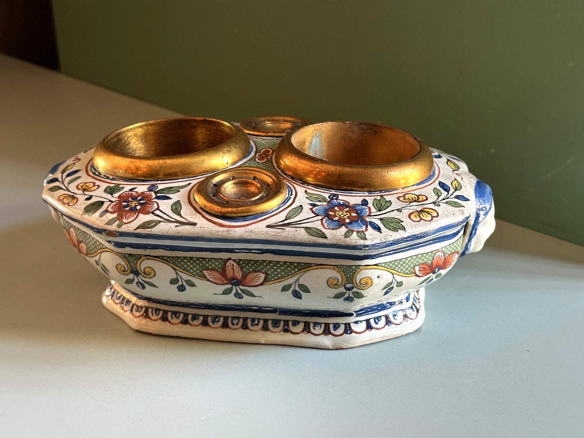 19th C. Antique Writing Stand Desk office Inkwell Center Piece Faience Porcelain For Sale 12