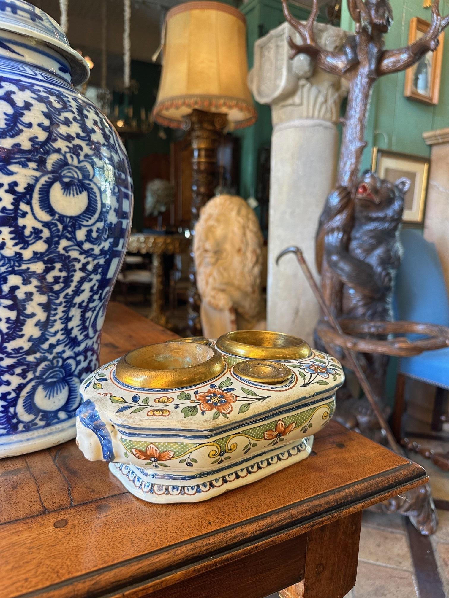 Glazed 19th C. Antique Writing Stand Desk office Inkwell Center Piece Faience Porcelain For Sale