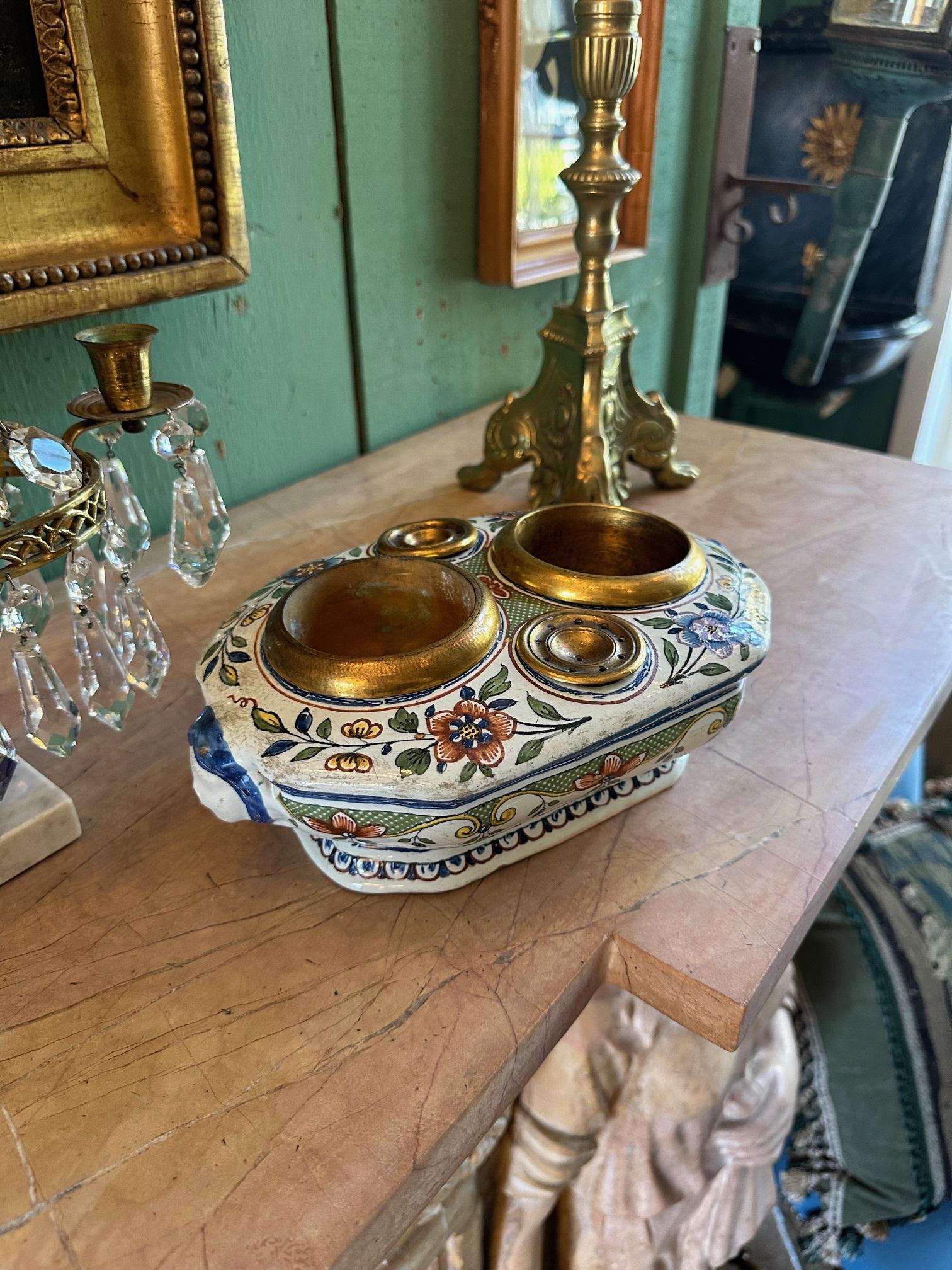 19th Century 19th C. Antique Writing Stand Desk office Inkwell Center Piece Faience Porcelain For Sale
