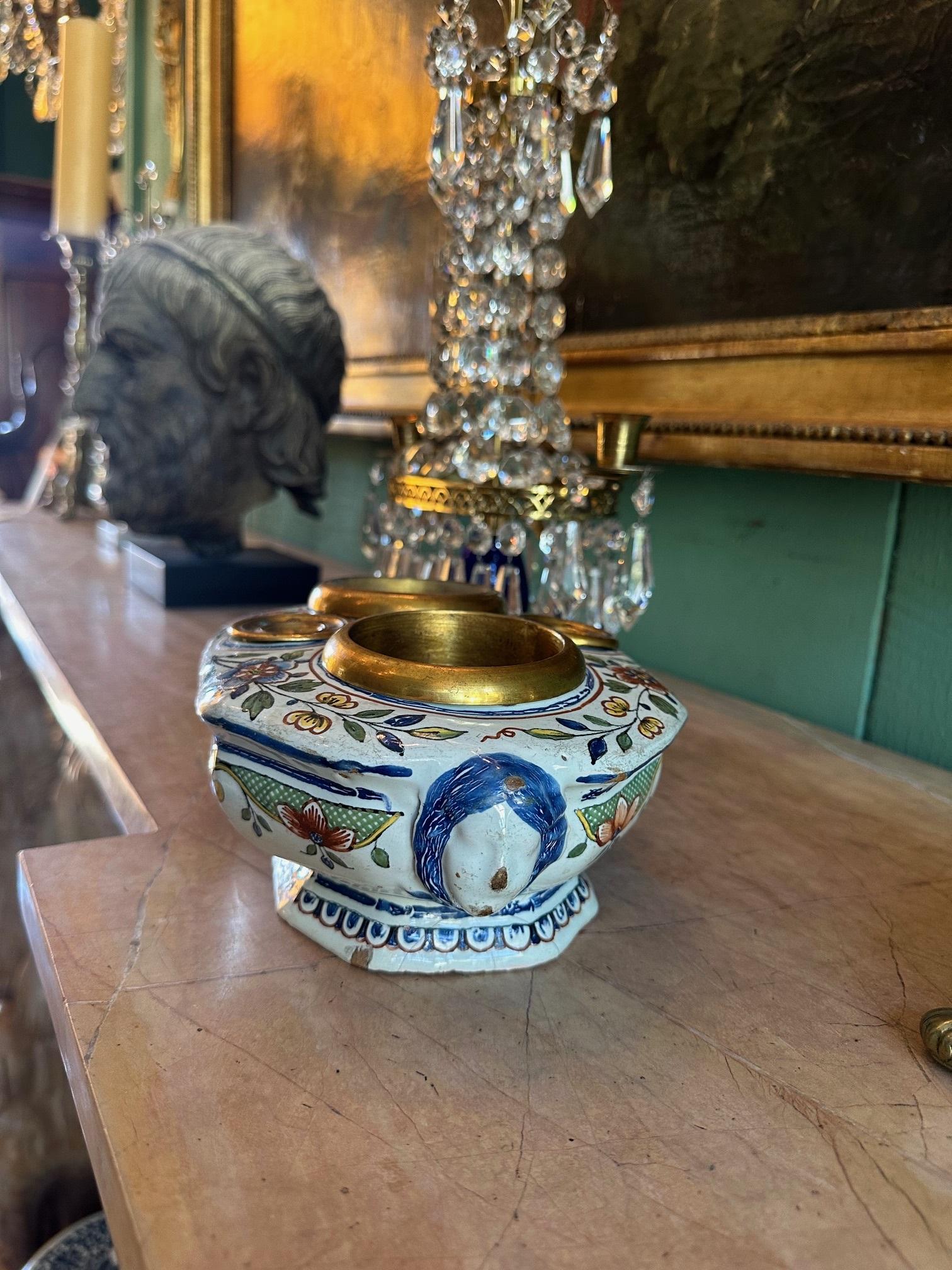 Brass 19th C. Antique Writing Stand Desk office Inkwell Center Piece Faience Porcelain For Sale