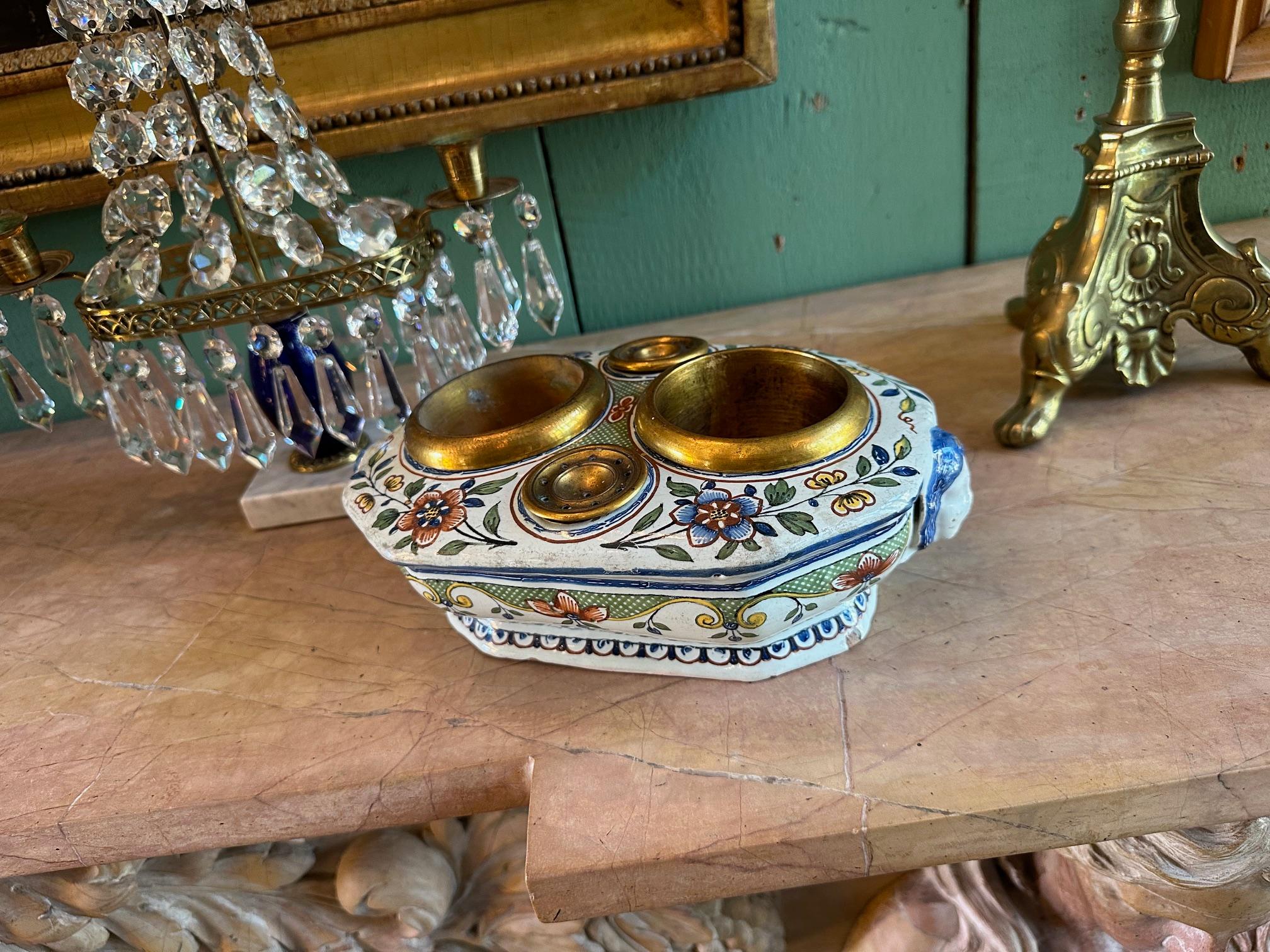19th C. Antique Writing Stand Desk office Inkwell Center Piece Faience Porcelain For Sale 1