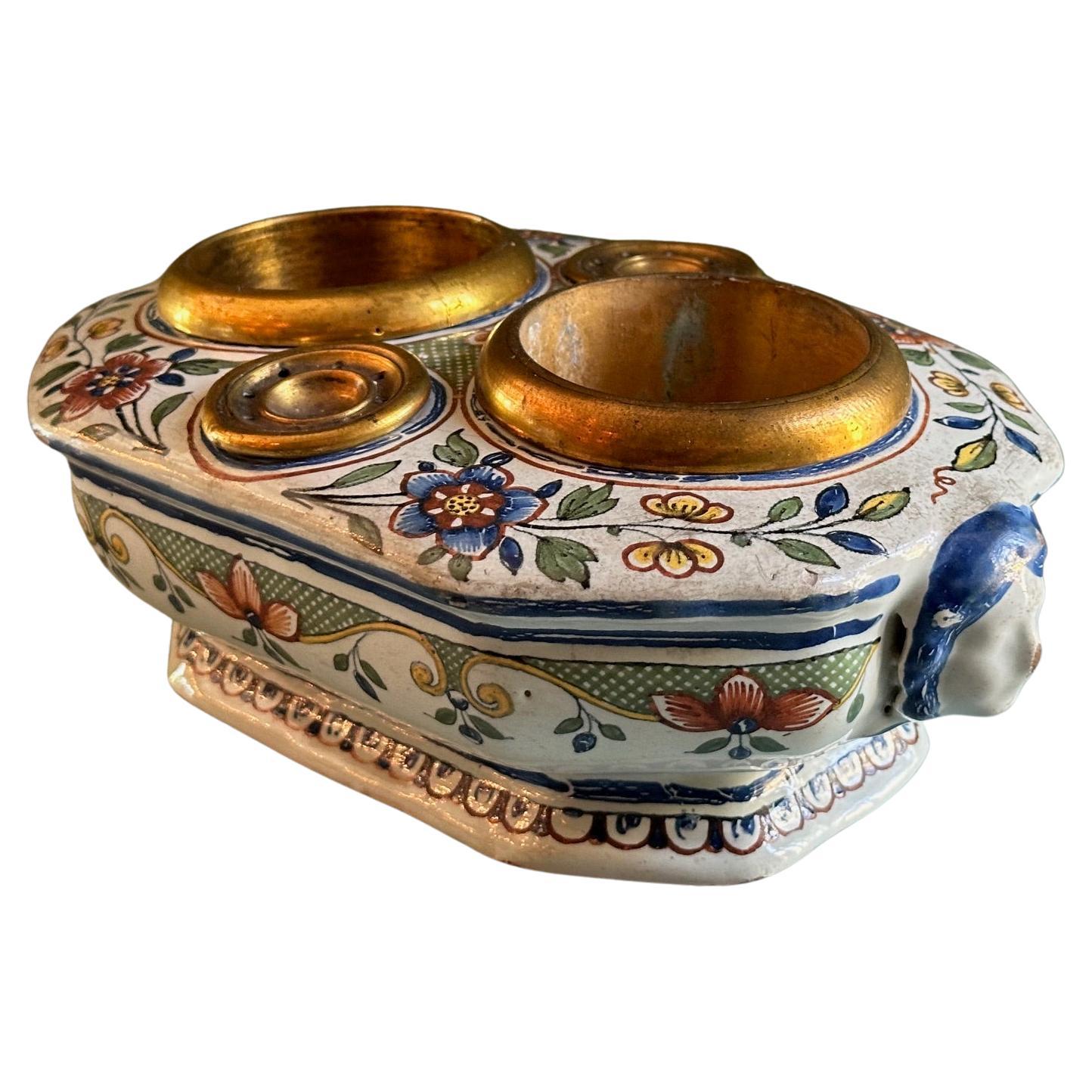 19th C. Antique Writing Stand Desk office Inkwell Center Piece Faience Porcelain For Sale